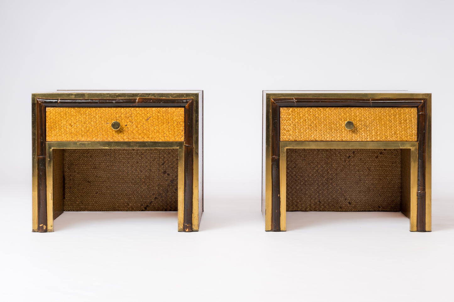 Crespi Style Caning Lacquered Faux Bamboo & Brass Nightstands - Italy 1970's