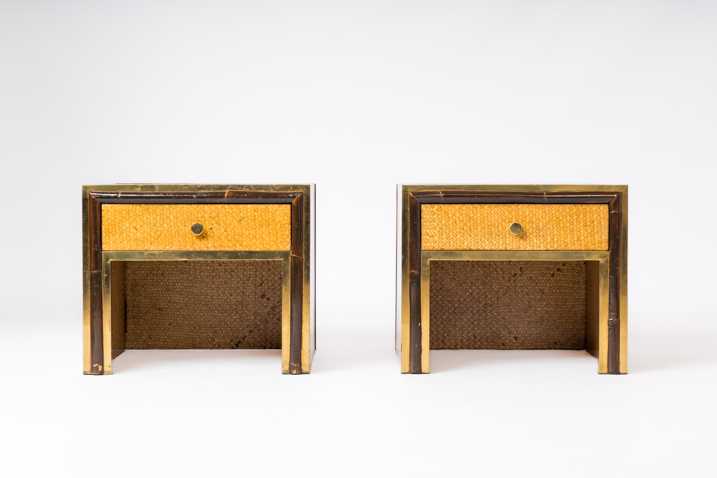 Crespi Style Caning Lacquered Faux Bamboo & Brass Nightstands - Italy 1970's