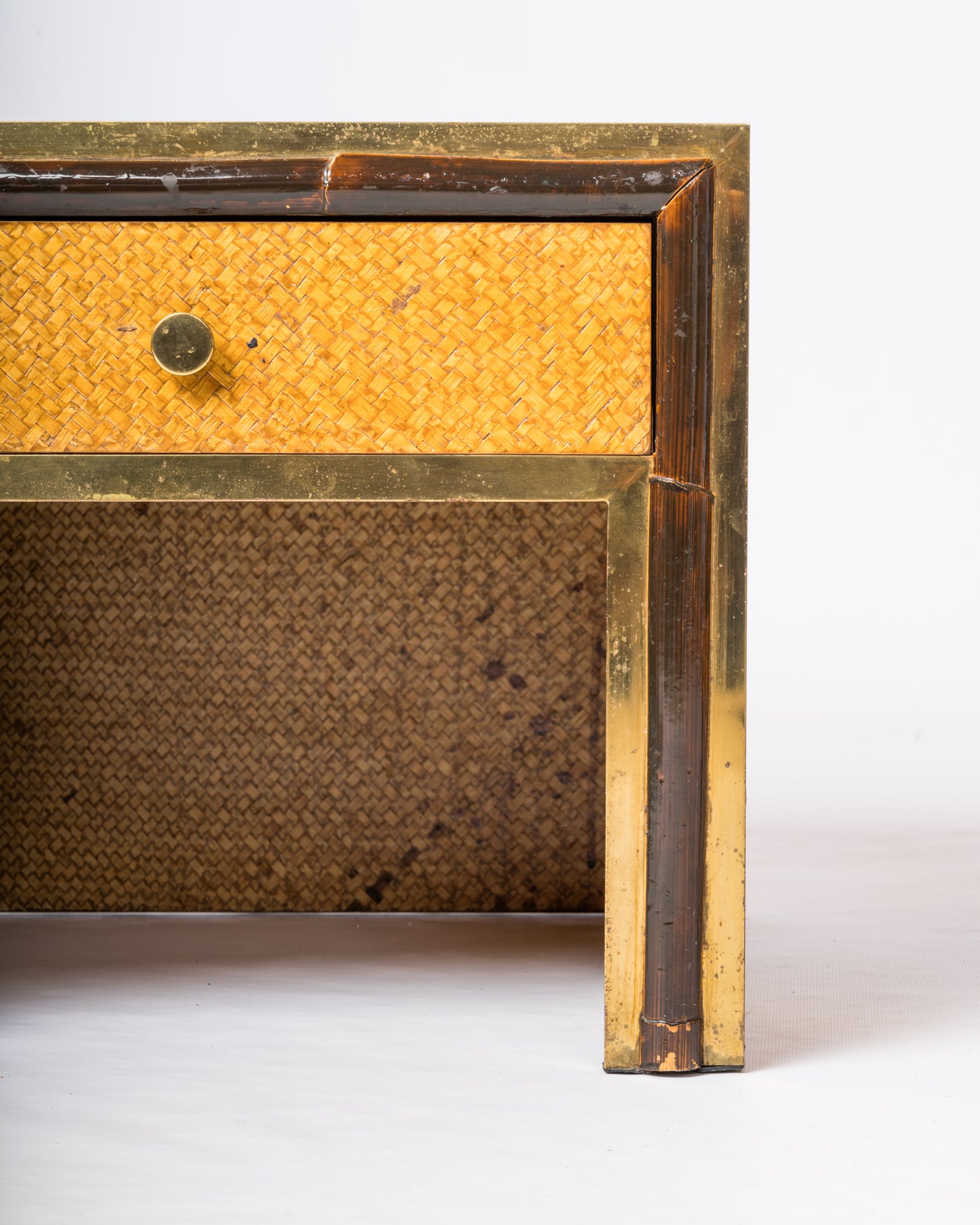 Crespi Style Caning Lacquered Faux Bamboo & Brass Nightstands - Italy 1970's