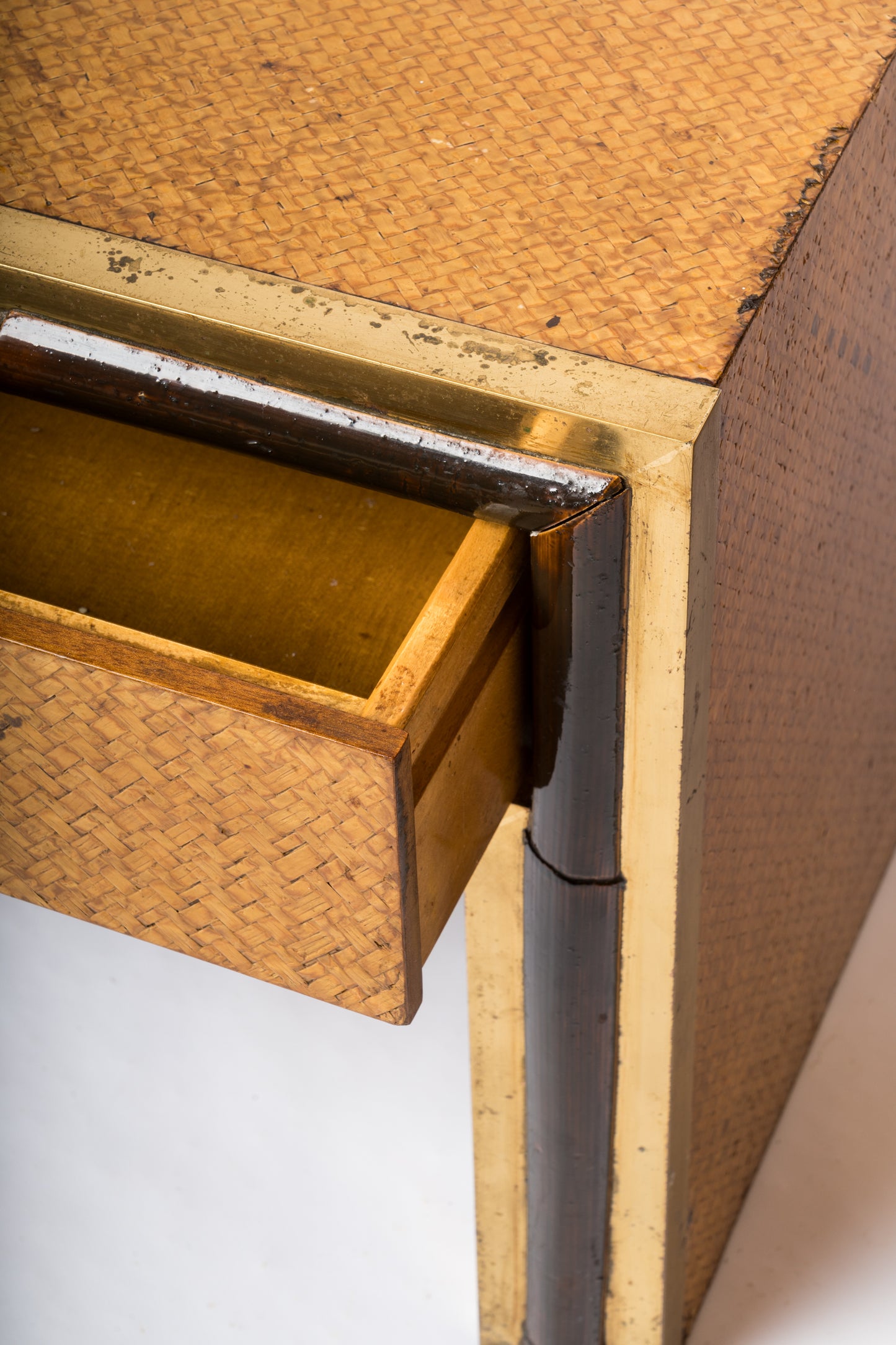 Crespi Style Caning Lacquered Faux Bamboo & Brass Nightstands - Italy 1970's