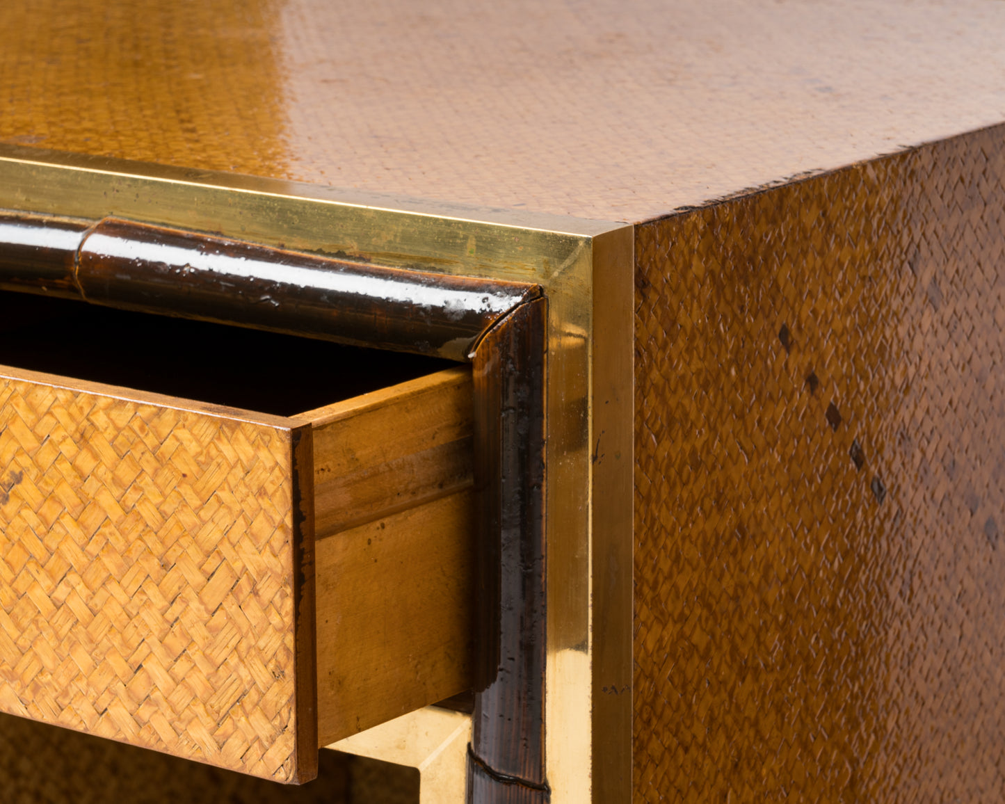 Crespi Style Caning Lacquered Faux Bamboo & Brass Nightstands - Italy 1970's