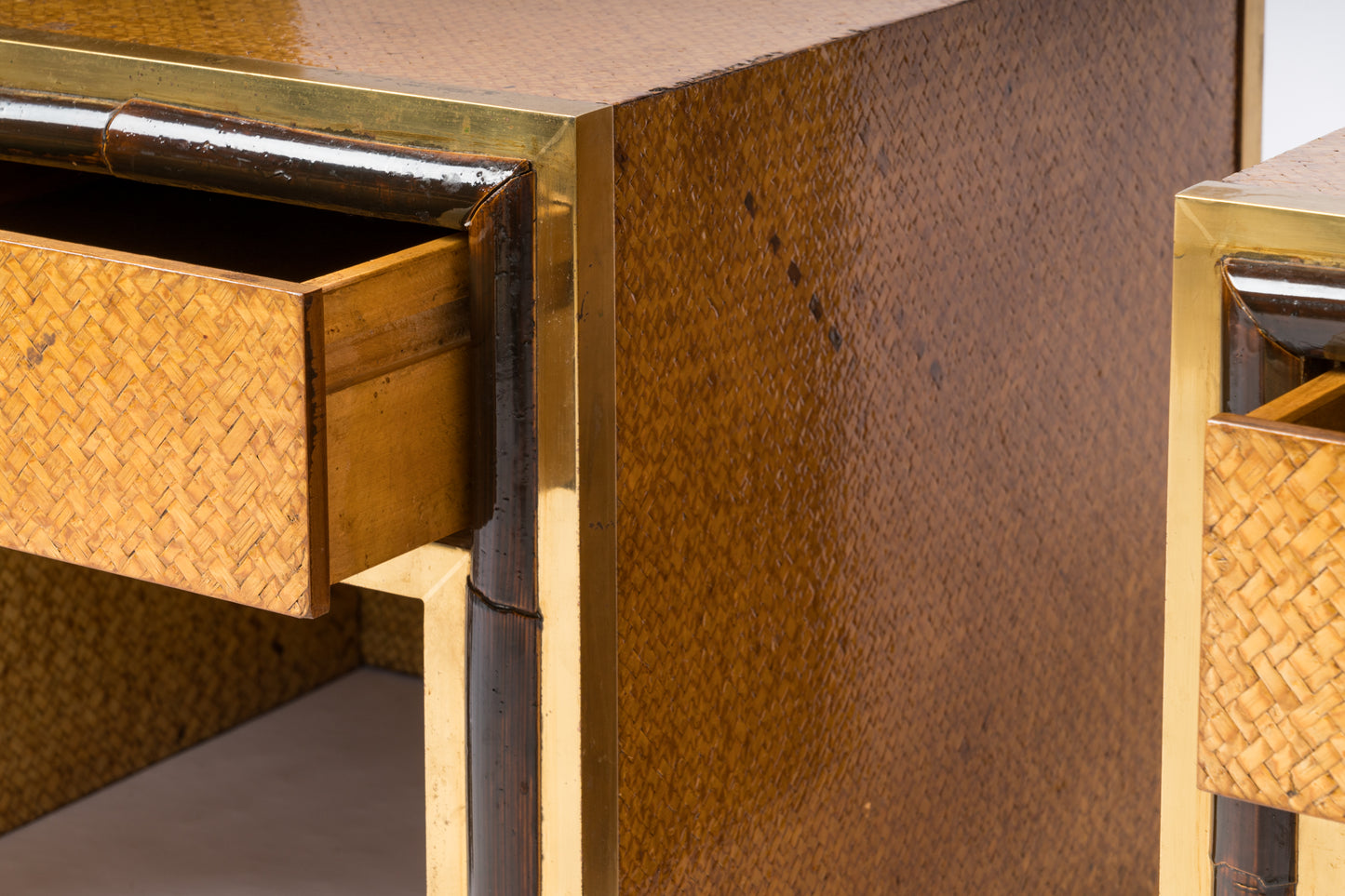 Crespi Style Caning Lacquered Faux Bamboo & Brass Nightstands - Italy 1970's