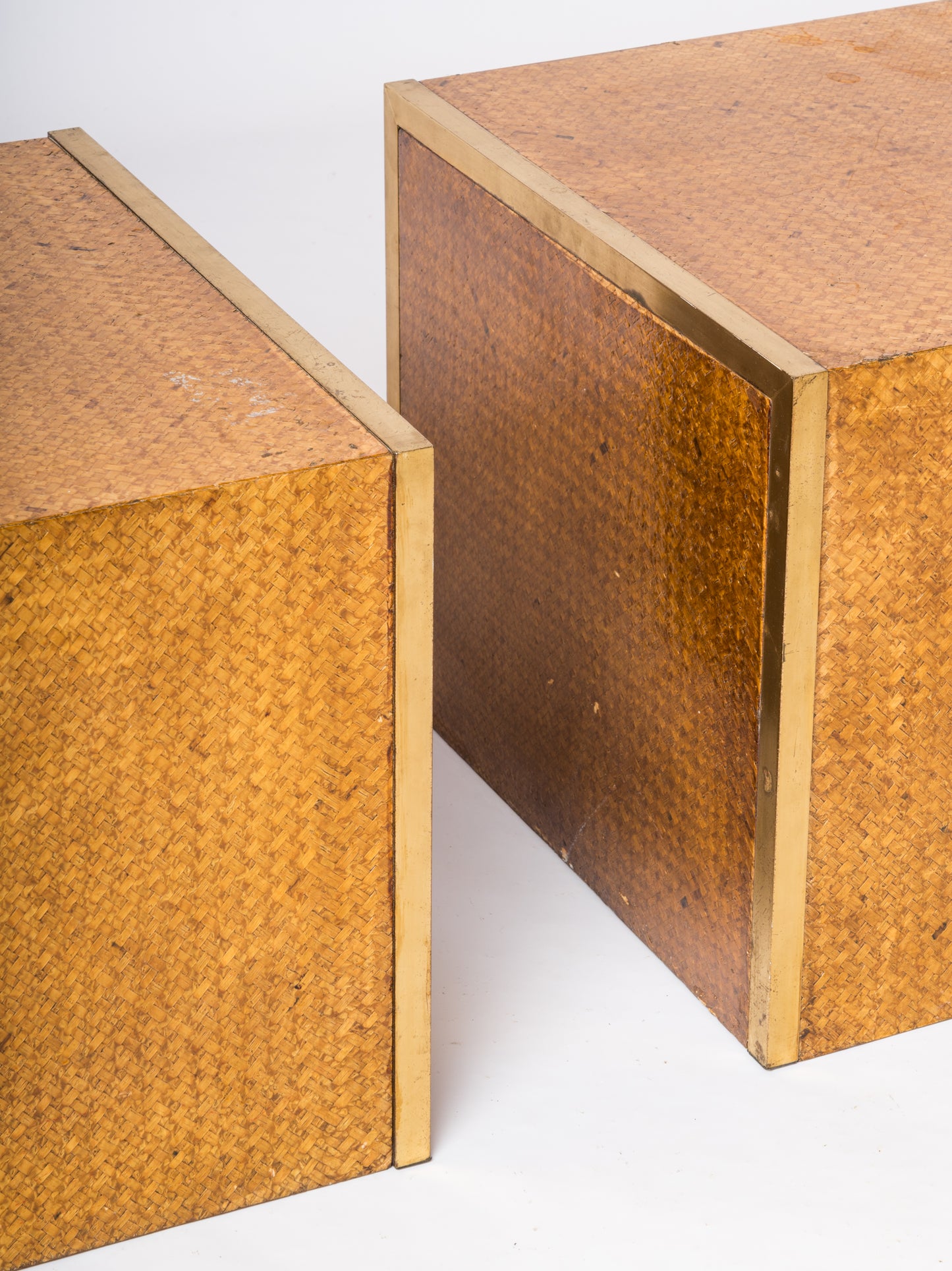 Crespi Style Caning Lacquered Faux Bamboo & Brass Nightstands - Italy 1970's