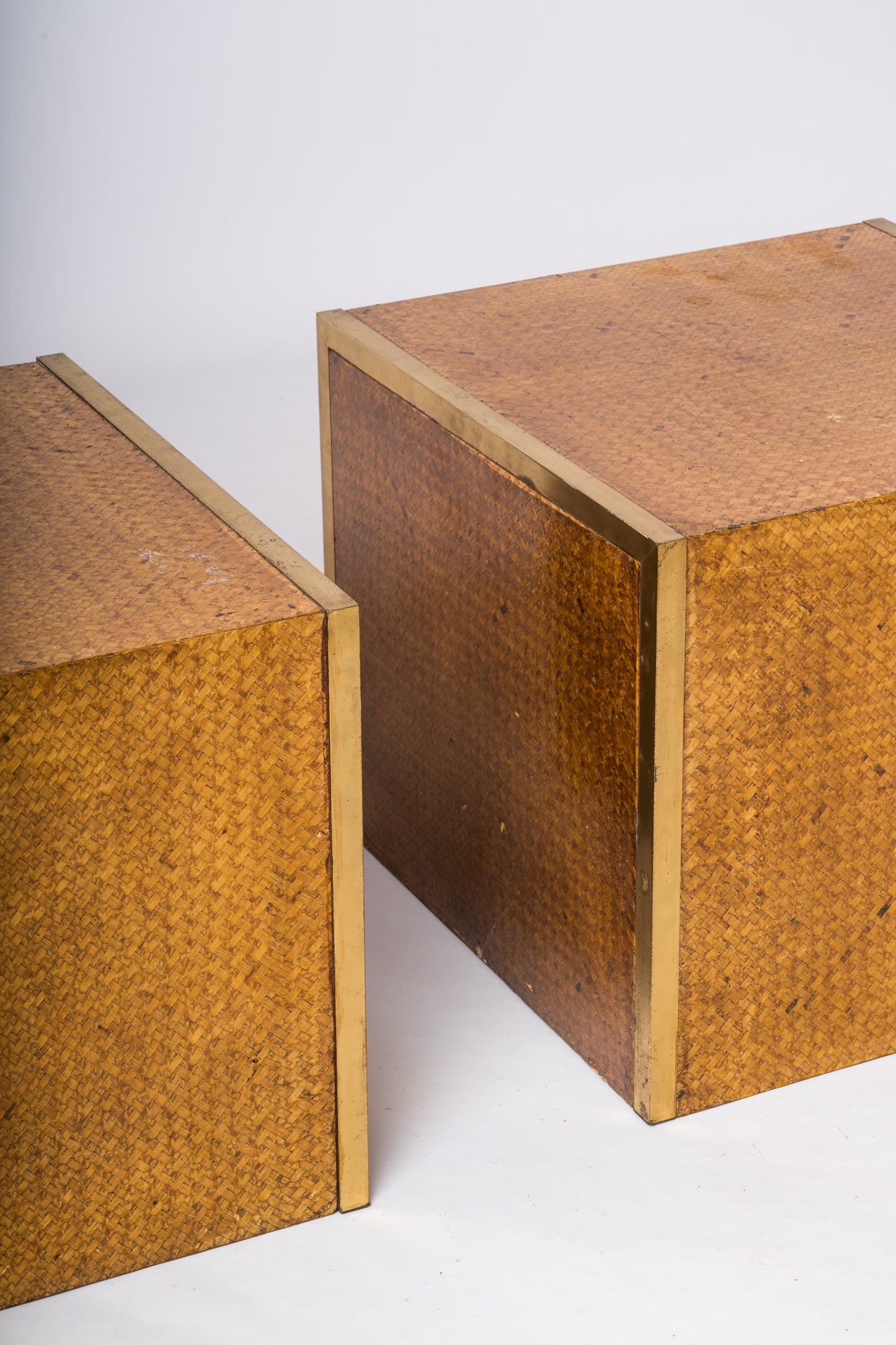 Crespi Style Caning Lacquered Faux Bamboo & Brass Nightstands - Italy 1970's