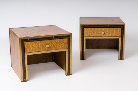 Crespi Style Caning Lacquered Faux Bamboo & Brass Nightstands - Italy 1970's