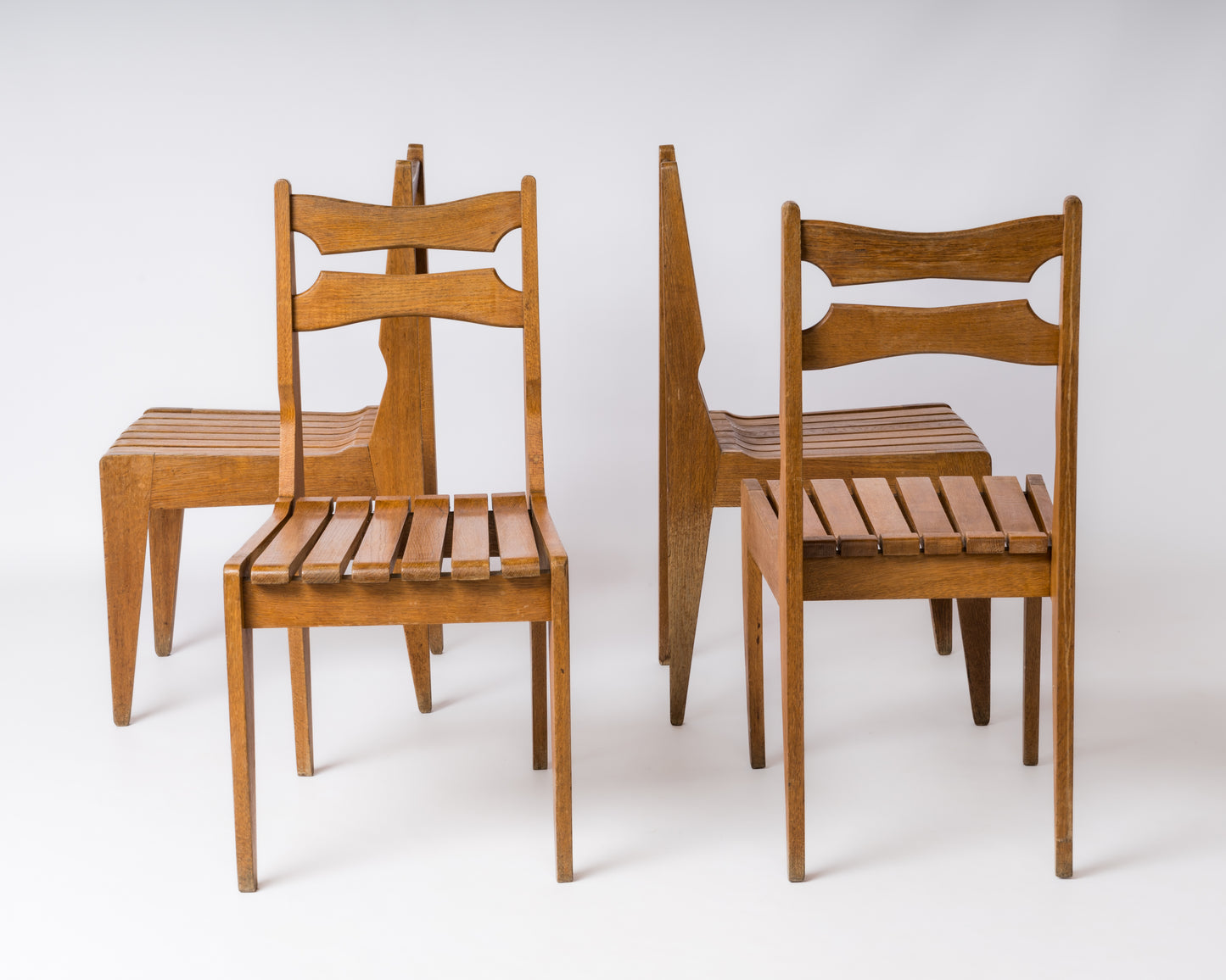 Minimalist Solid Oak Slats Chairs by Guillerme & Chambron, France, 1960s