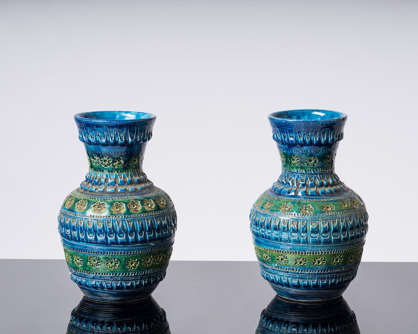 Pair of Blue Tones Bitosi Glazed Ceramic Vases by Aldo Londi - Italy 1960's