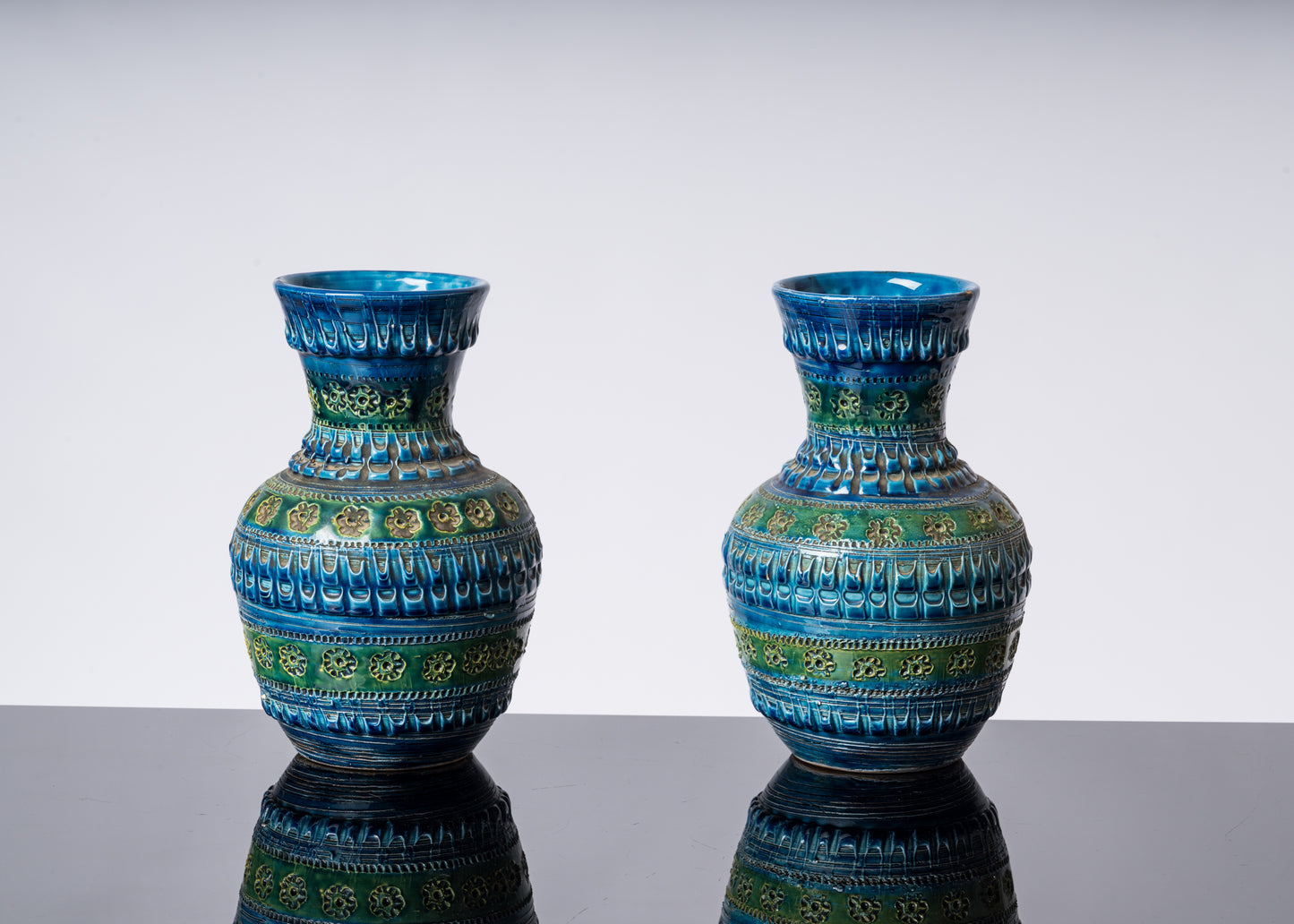 Pair of Blue Tones Bitosi Glazed Ceramic Vases by Aldo Londi - Italy 1960's