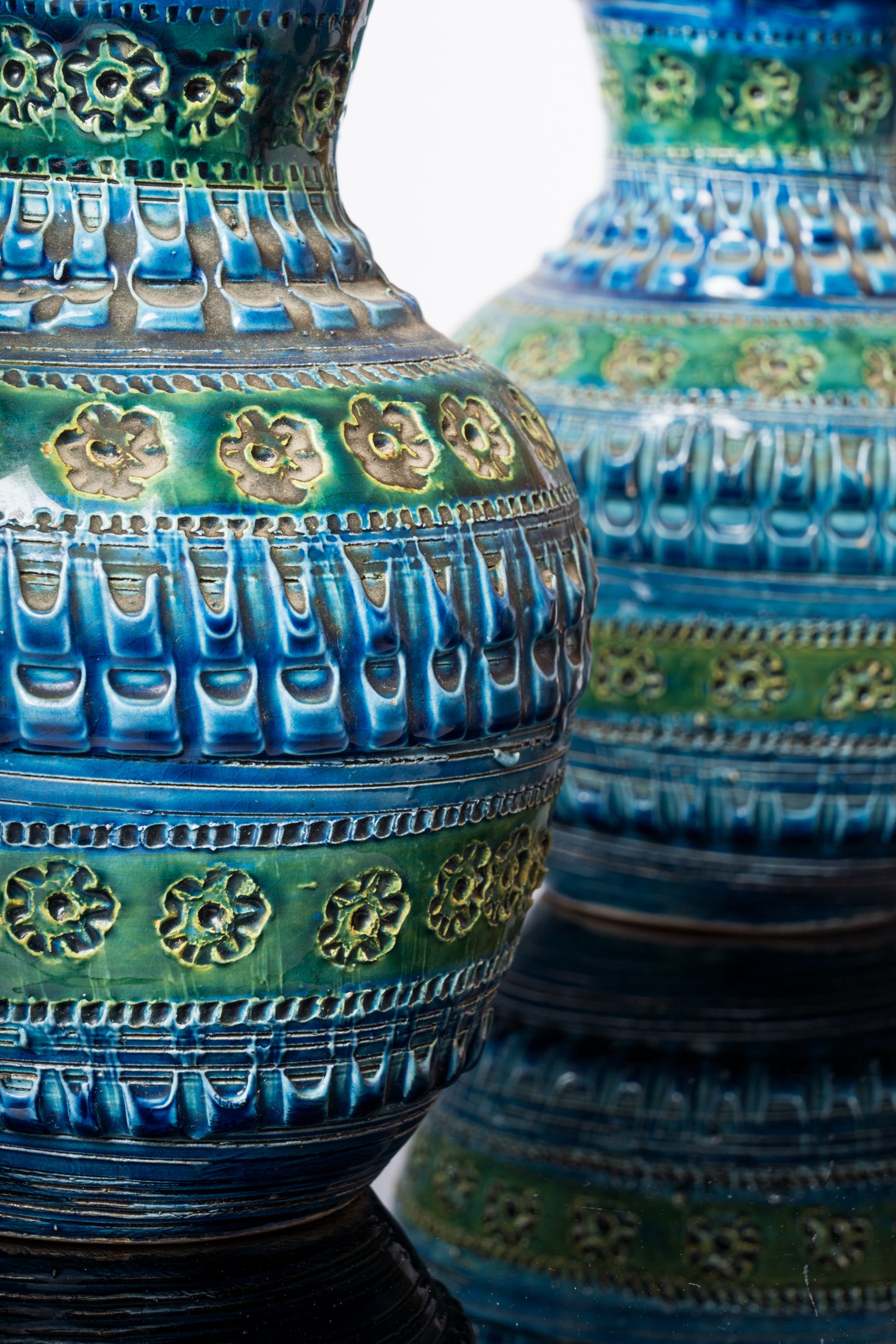 Pair of Blue Tones Bitosi Glazed Ceramic Vases by Aldo Londi - Italy 1960's