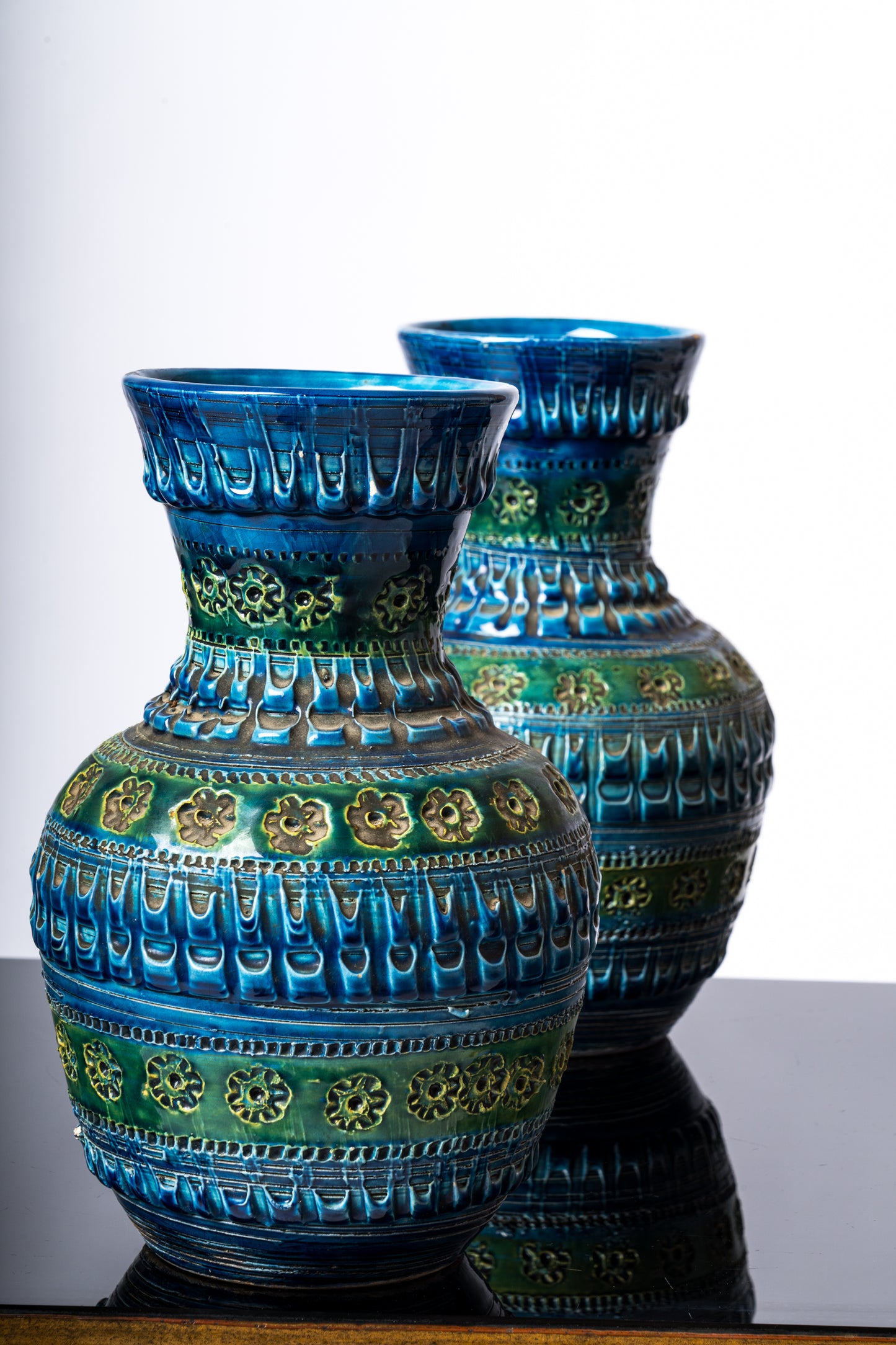 Pair of Blue Tones Bitosi Glazed Ceramic Vases by Aldo Londi - Italy 1960's