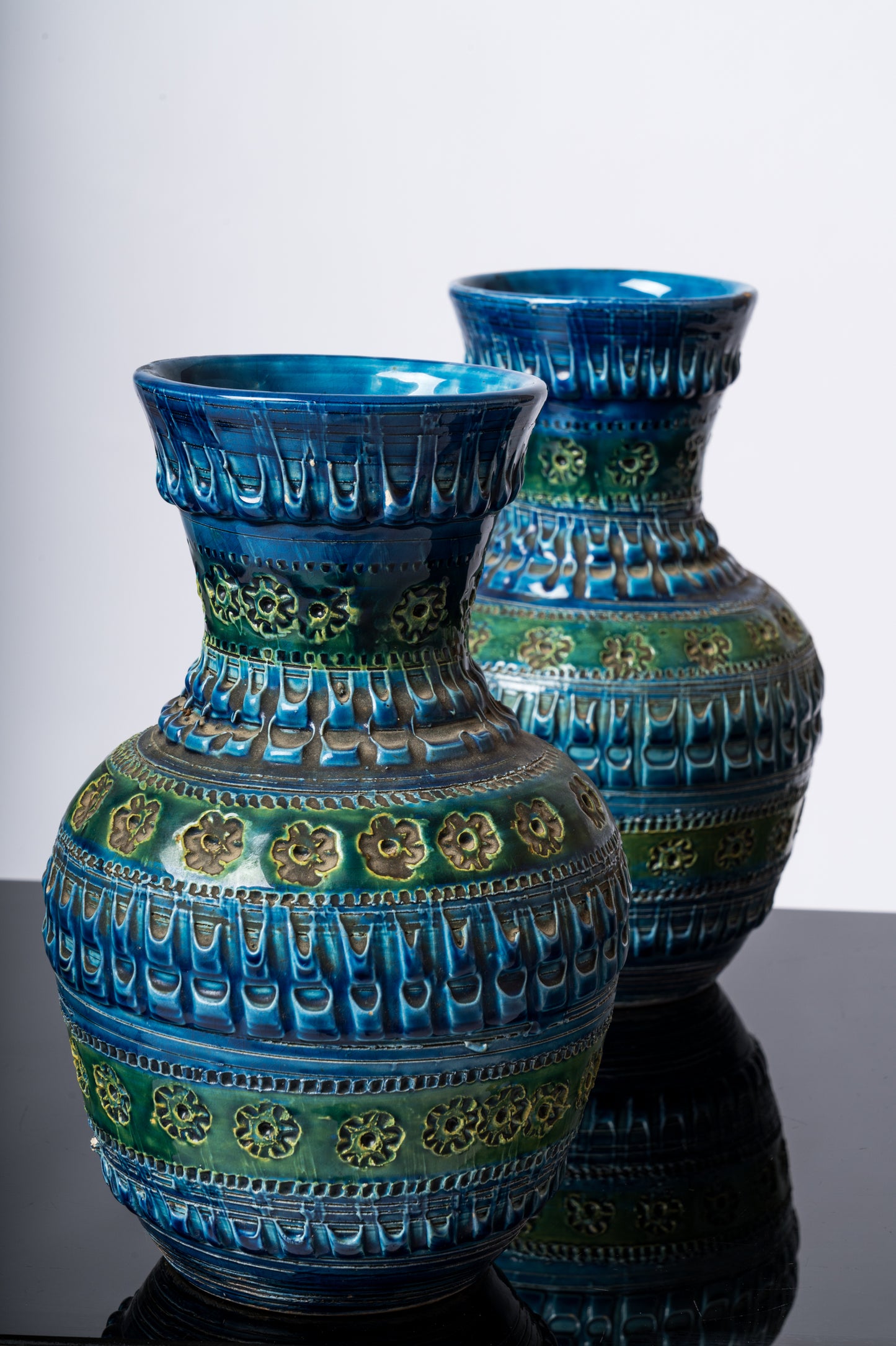 Pair of Blue Tones Bitosi Glazed Ceramic Vases by Aldo Londi - Italy 1960's