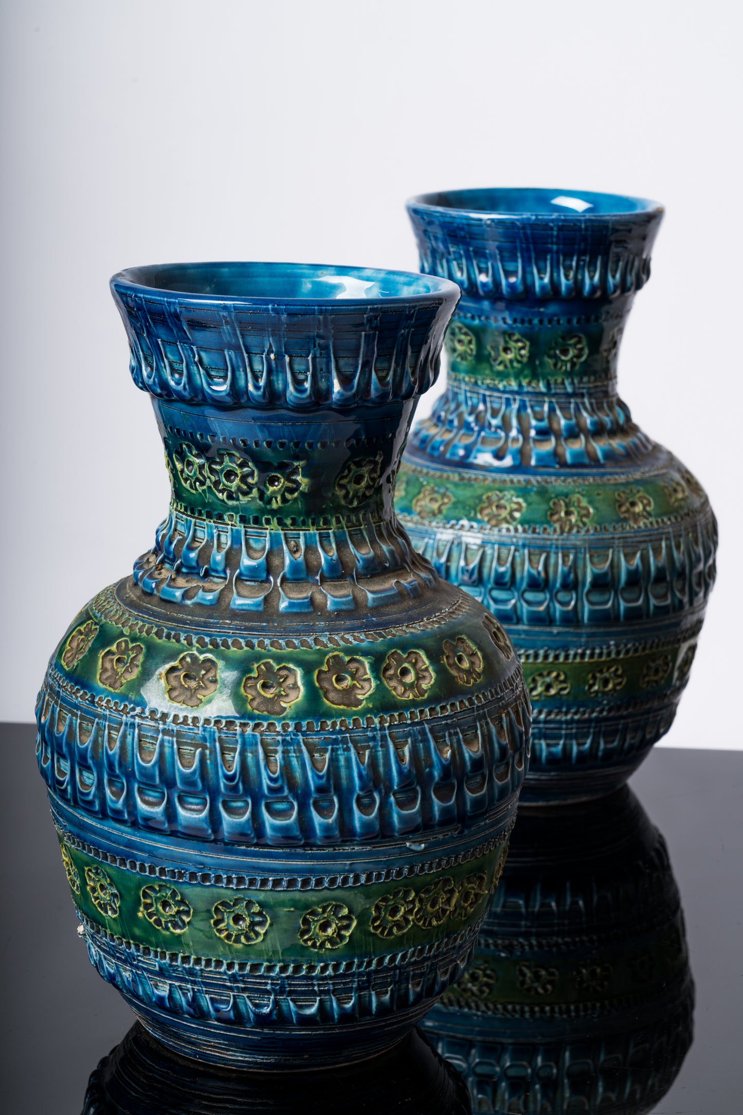 Pair of Blue Tones Bitosi Glazed Ceramic Vases by Aldo Londi - Italy 1960's