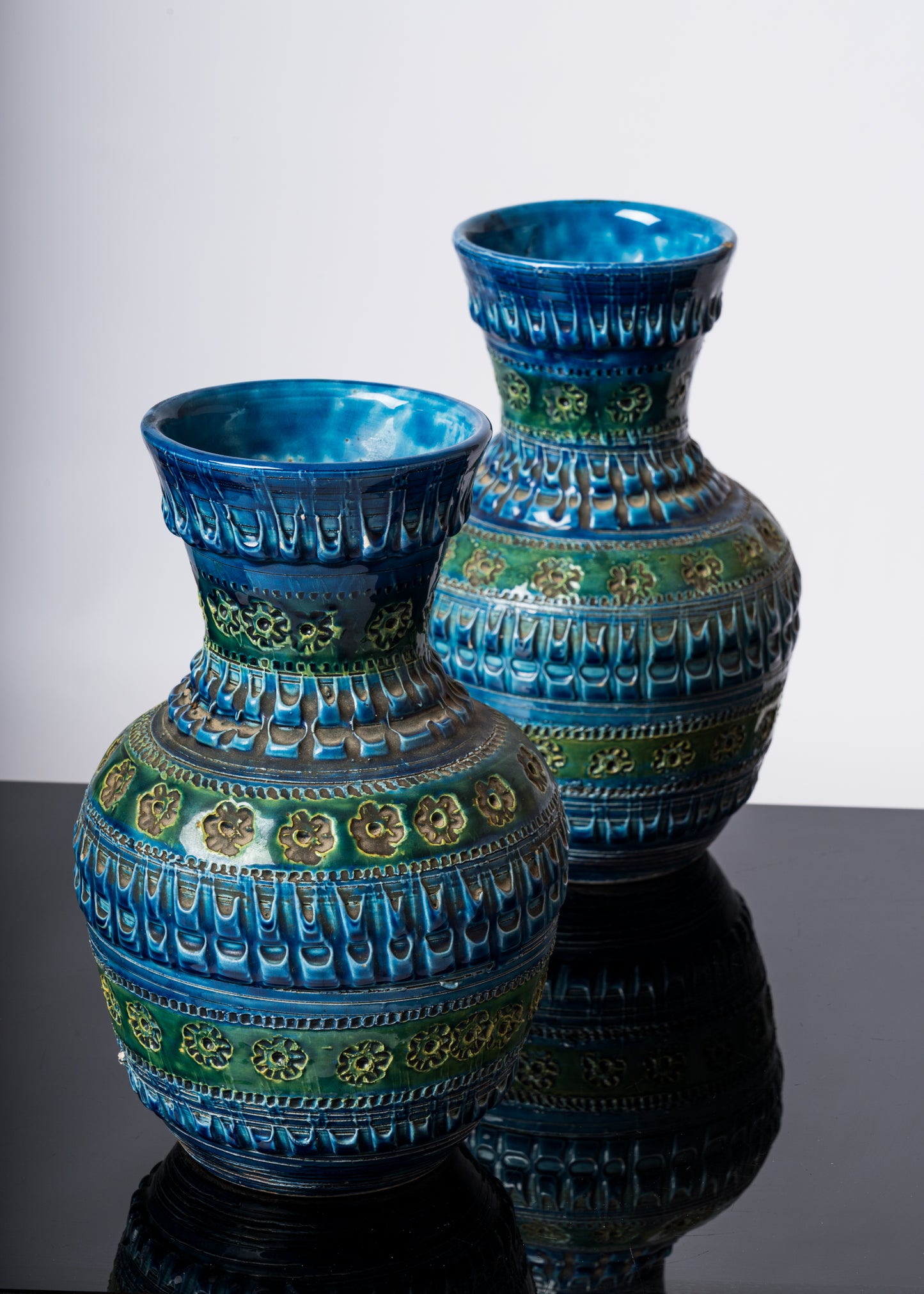 Pair of Blue Tones Bitosi Glazed Ceramic Vases by Aldo Londi - Italy 1960's