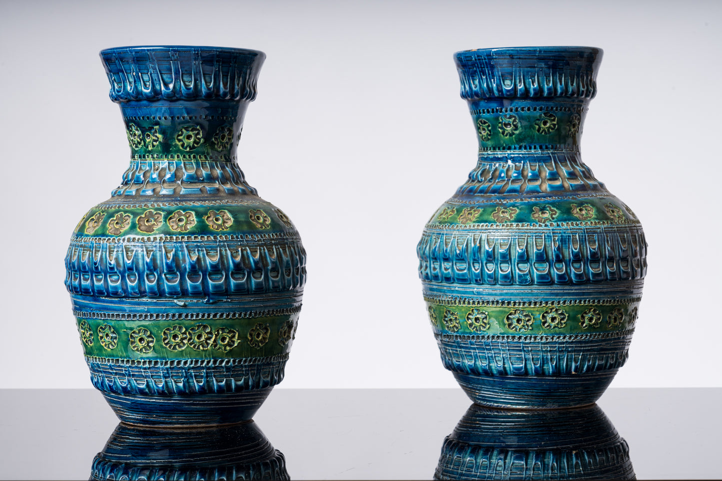 Pair of Blue Tones Bitosi Glazed Ceramic Vases by Aldo Londi - Italy 1960's
