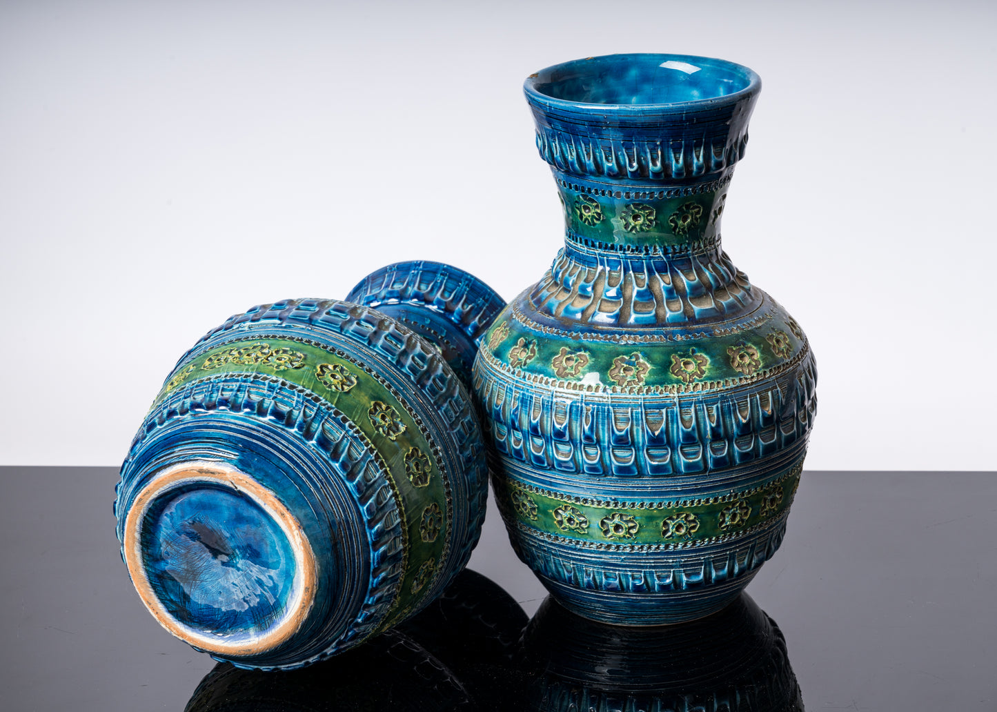 Pair of Blue Tones Bitosi Glazed Ceramic Vases by Aldo Londi - Italy 1960's