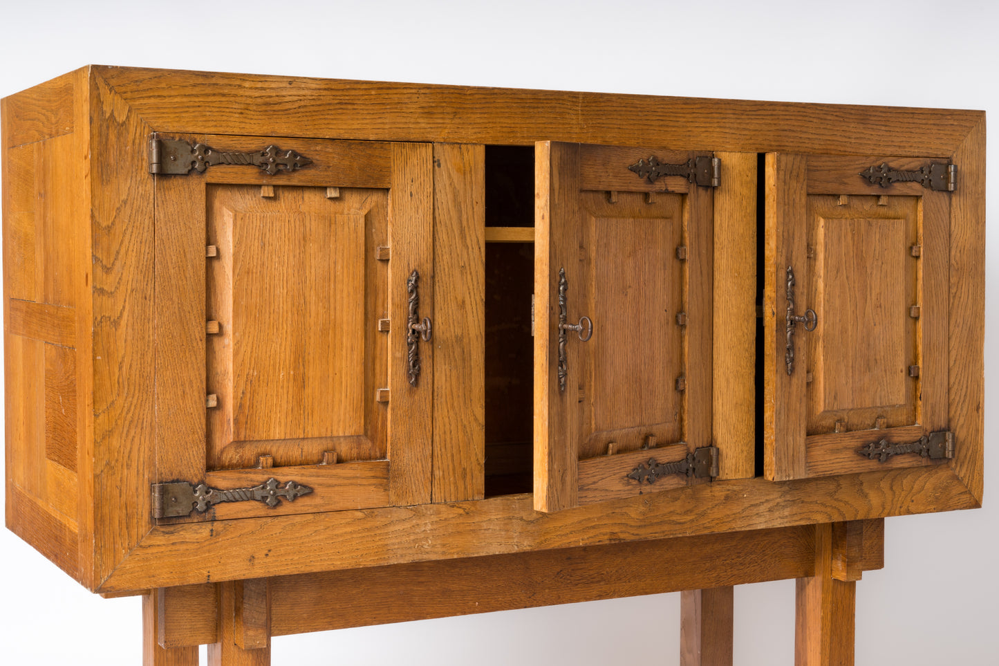 Brutalist Oak Highboy Credenza in the Style of Marolles - France 1950s