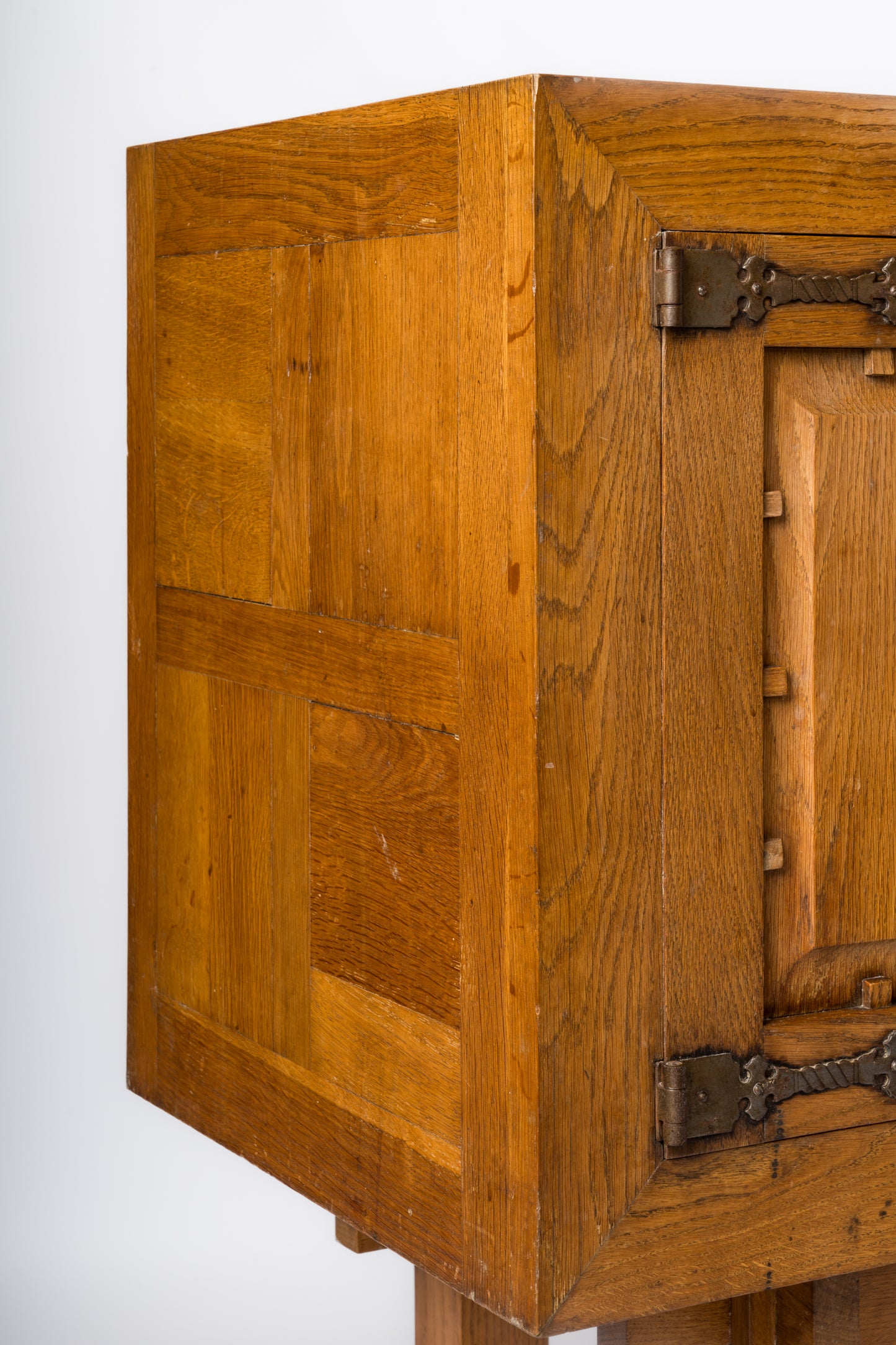 Brutalist Oak Highboy Credenza in the Style of Marolles - France 1950s