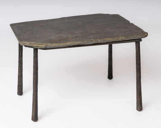 Asymetrical Petite Brutalist Slate & Fer Battu Side Table - France 1970's
