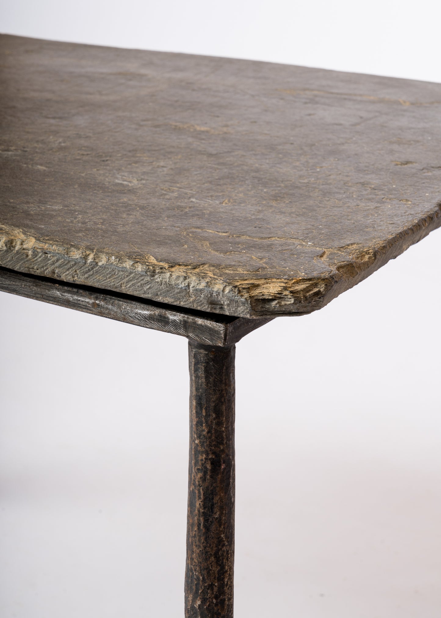 Asymetrical Petite Brutalist Slate & Fer Battu Side Table - France 1970's