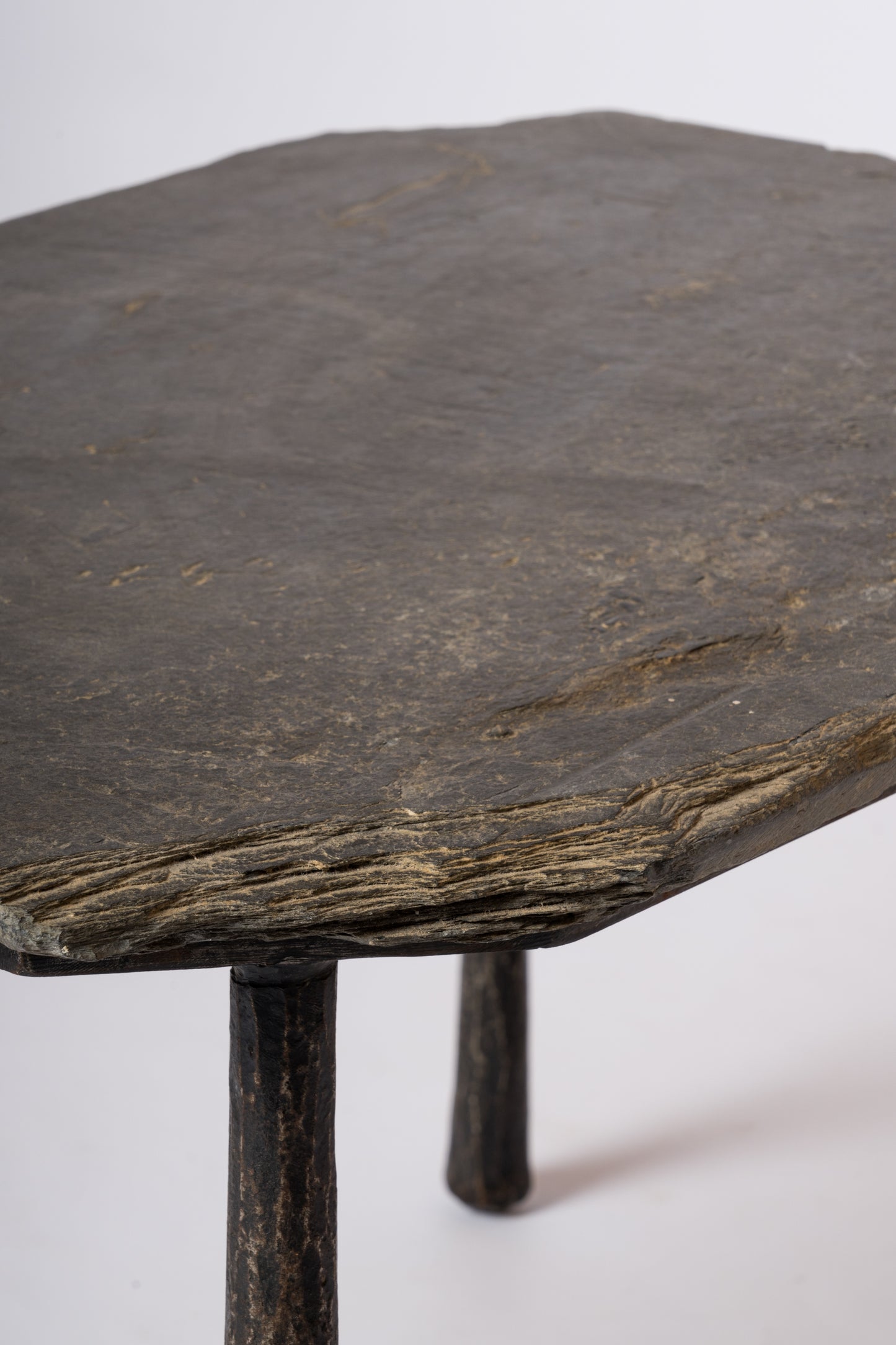 Asymetrical Petite Brutalist Slate & Fer Battu Side Table - France 1970's