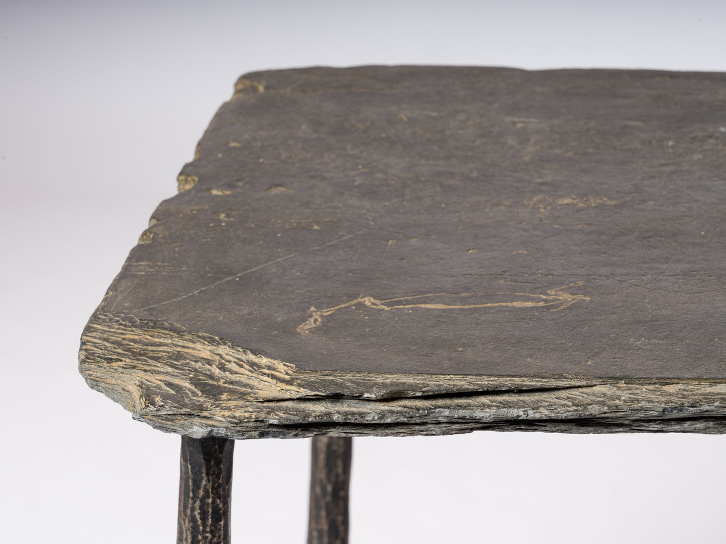 Asymetrical Petite Brutalist Slate & Fer Battu Side Table - France 1970's