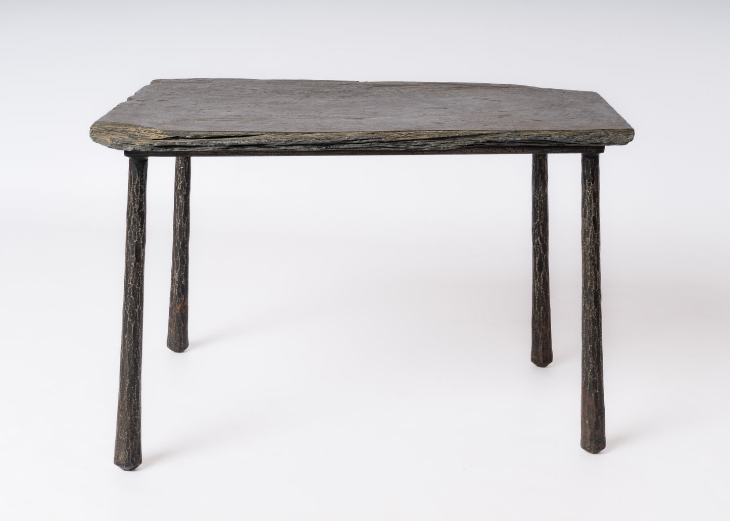 Asymetrical Petite Brutalist Slate & Fer Battu Side Table - France 1970's