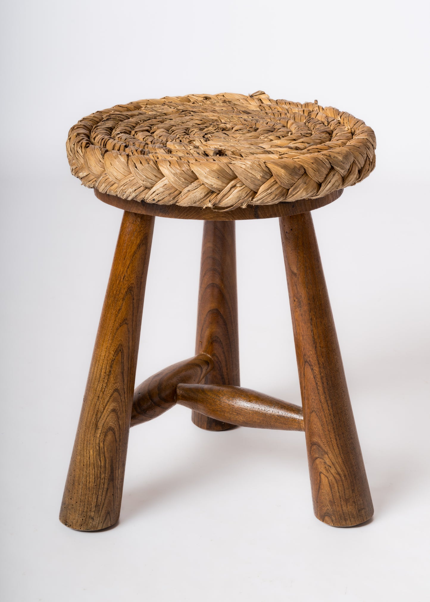 Butalist Tripod Stool in Oak & Rush by Audoux Minnet - France 1960's