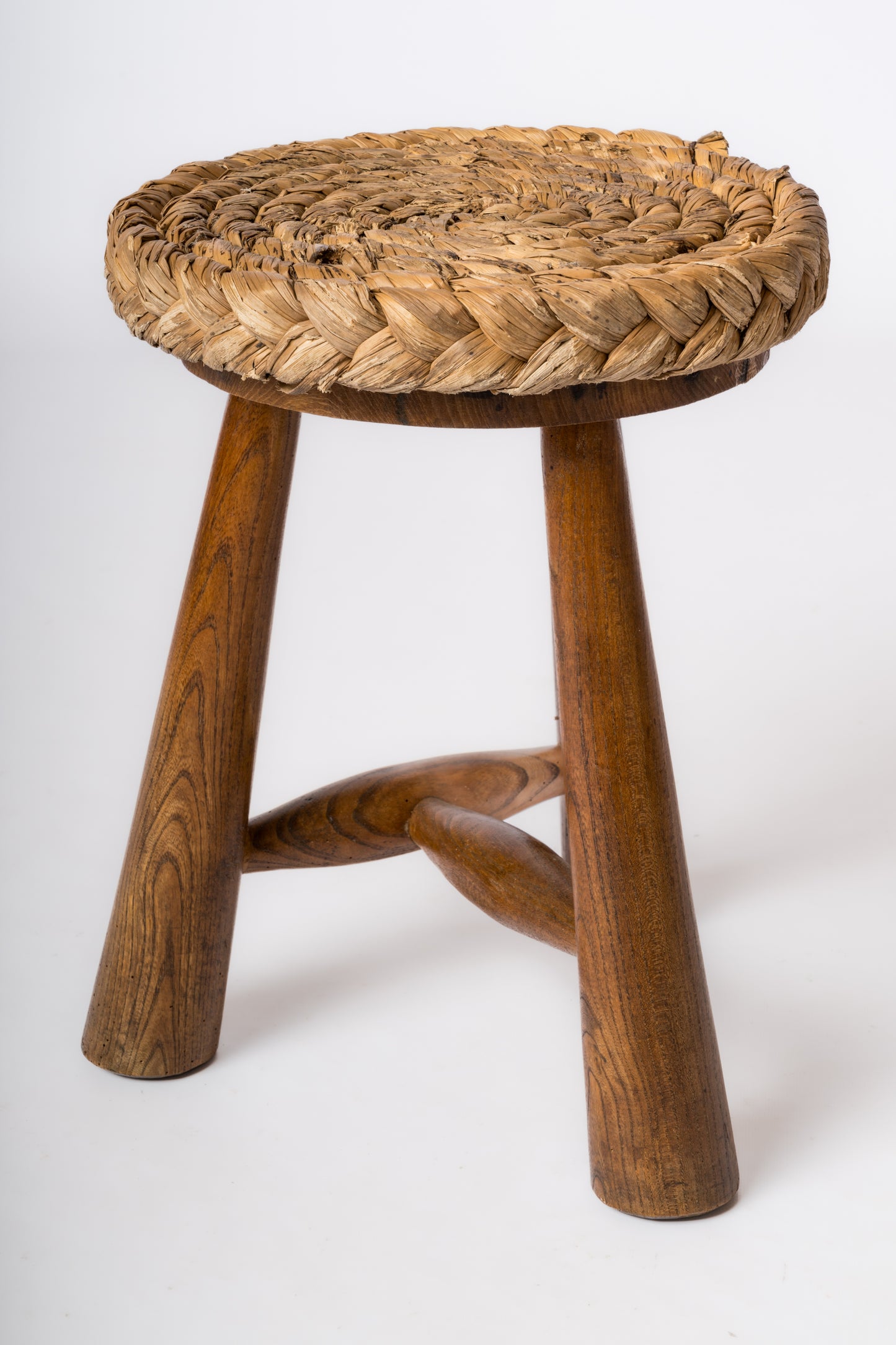 Butalist Tripod Stool in Oak & Rush by Audoux Minnet - France 1960's