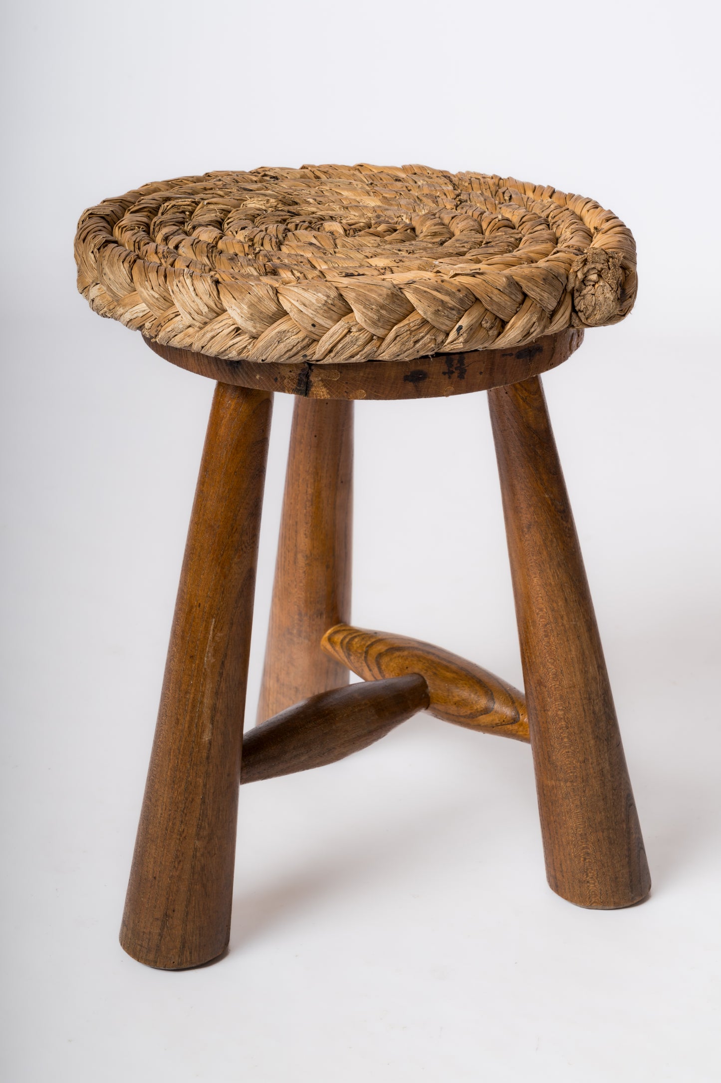 Butalist Tripod Stool in Oak & Rush by Audoux Minnet - France 1960's
