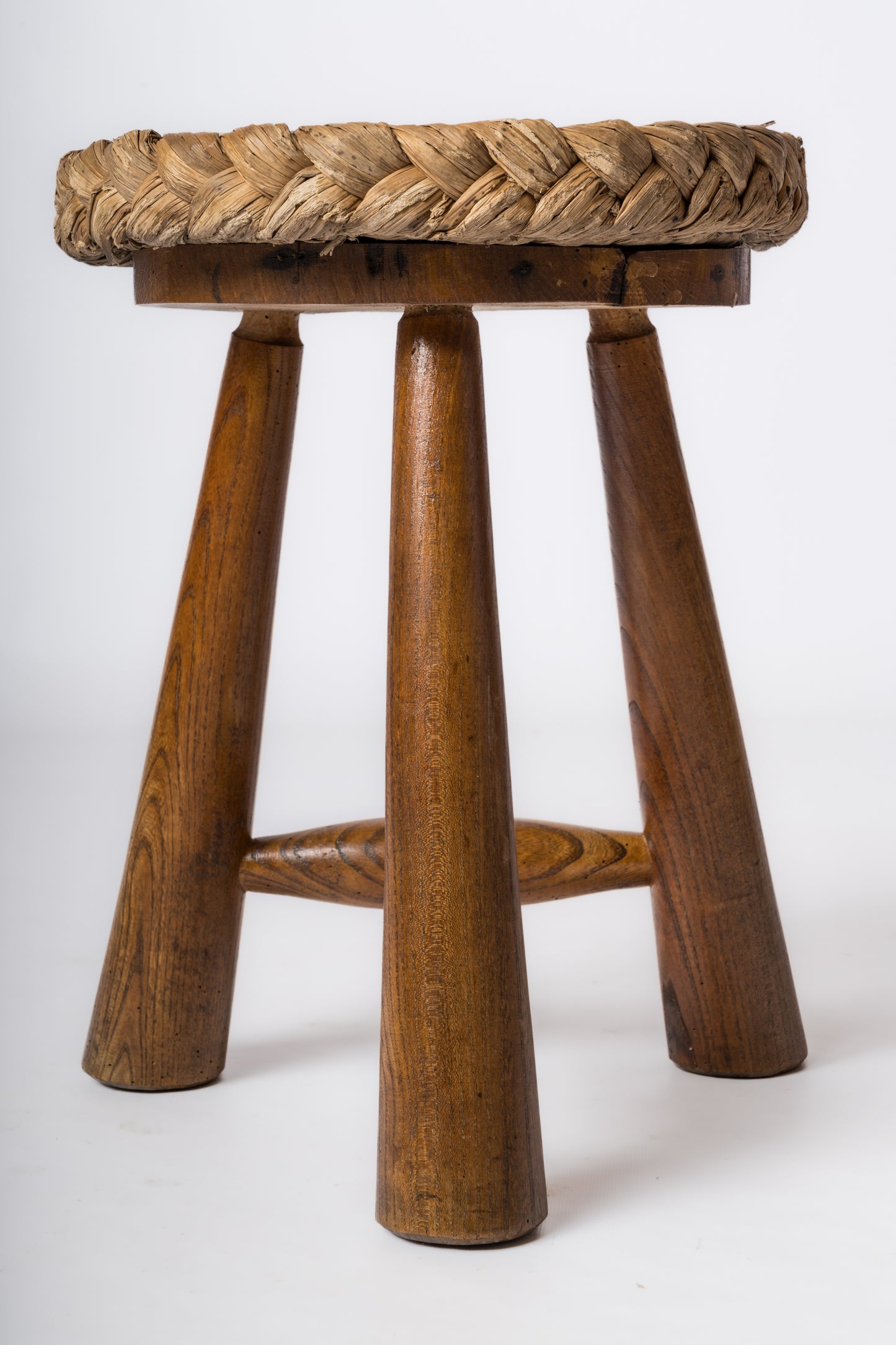 Butalist Tripod Stool in Oak & Rush by Audoux Minnet - France 1960's