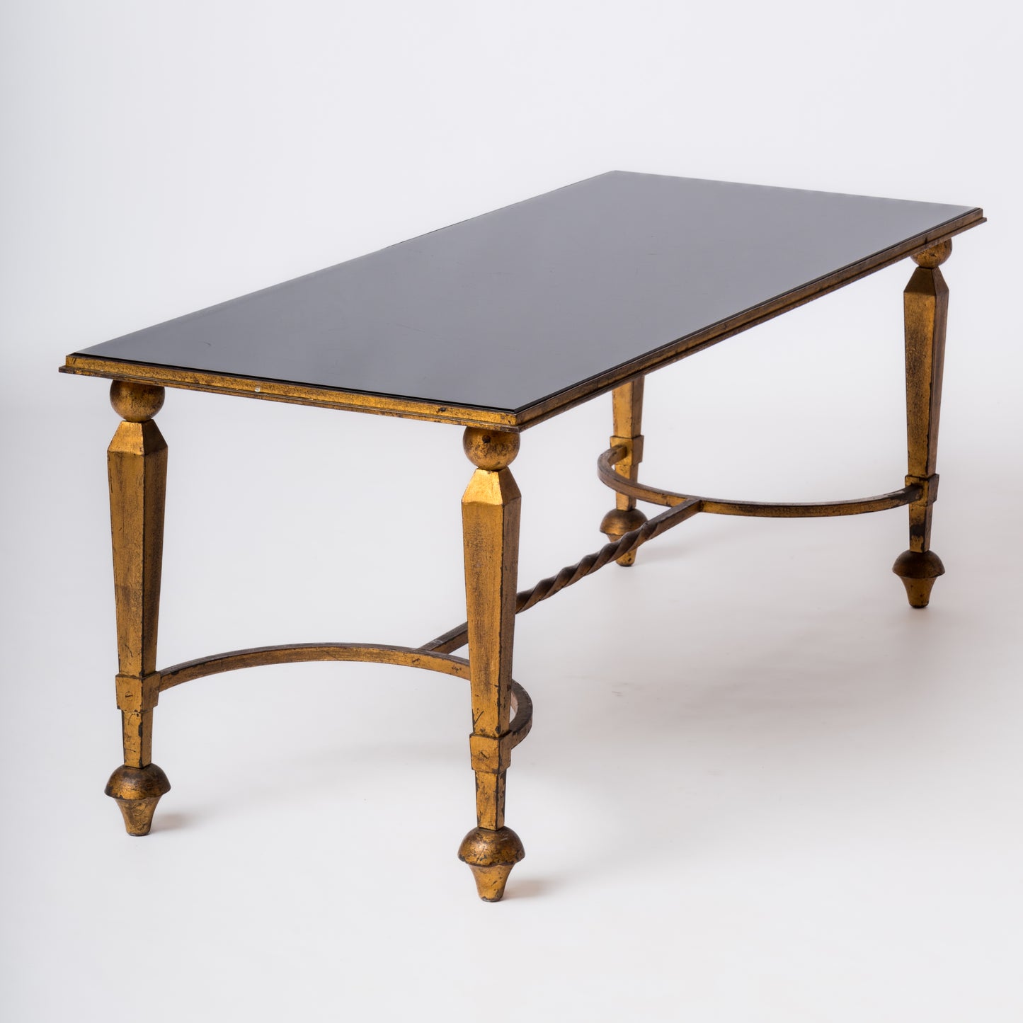 Gold Leaf Over Iron & Black Opaline Coffe Table att. Maison Ramsay - France 1950