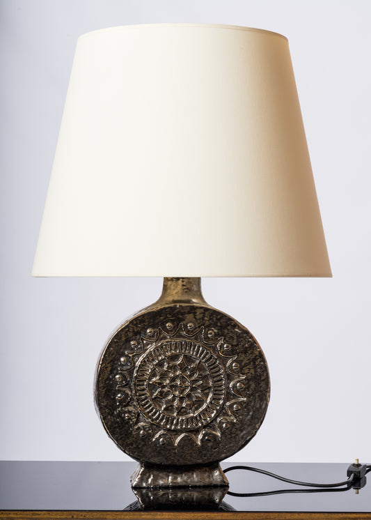 Glazed & Iridescent Ceramic Lamp with a Floral Pattern - France 1970's