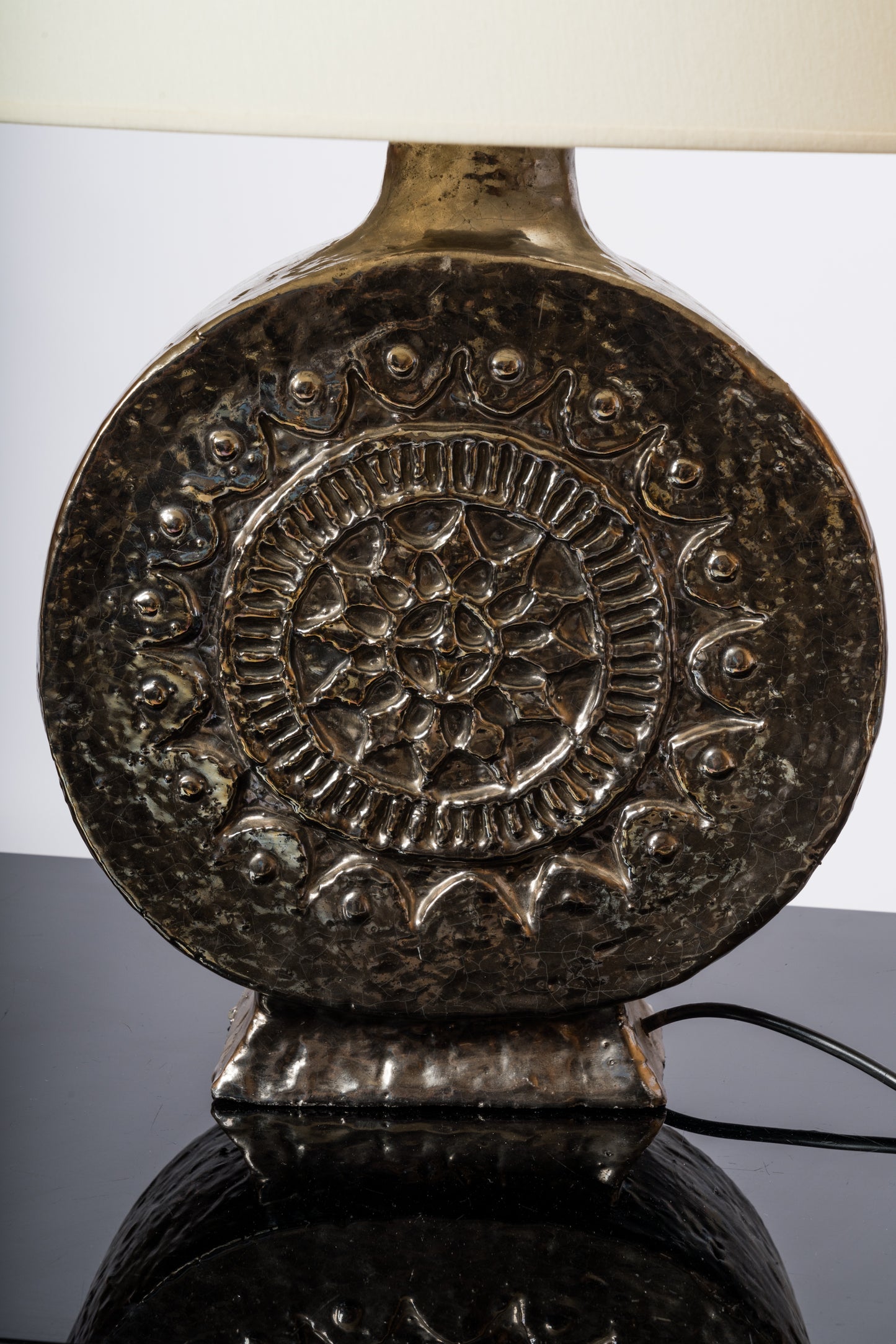 Glazed & Iridescent Ceramic Lamp with a Floral Pattern - France 1970's