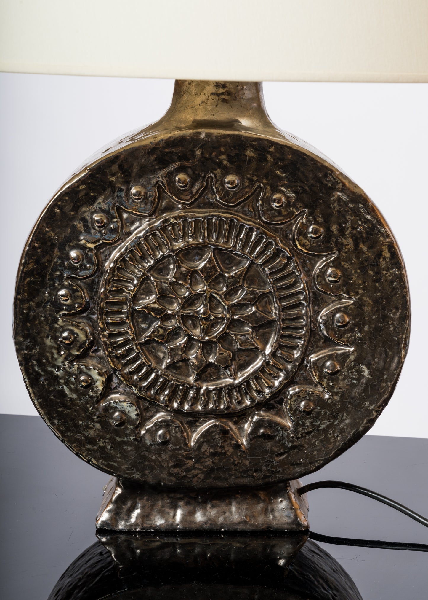 Glazed & Iridescent Ceramic Lamp with a Floral Pattern - France 1970's