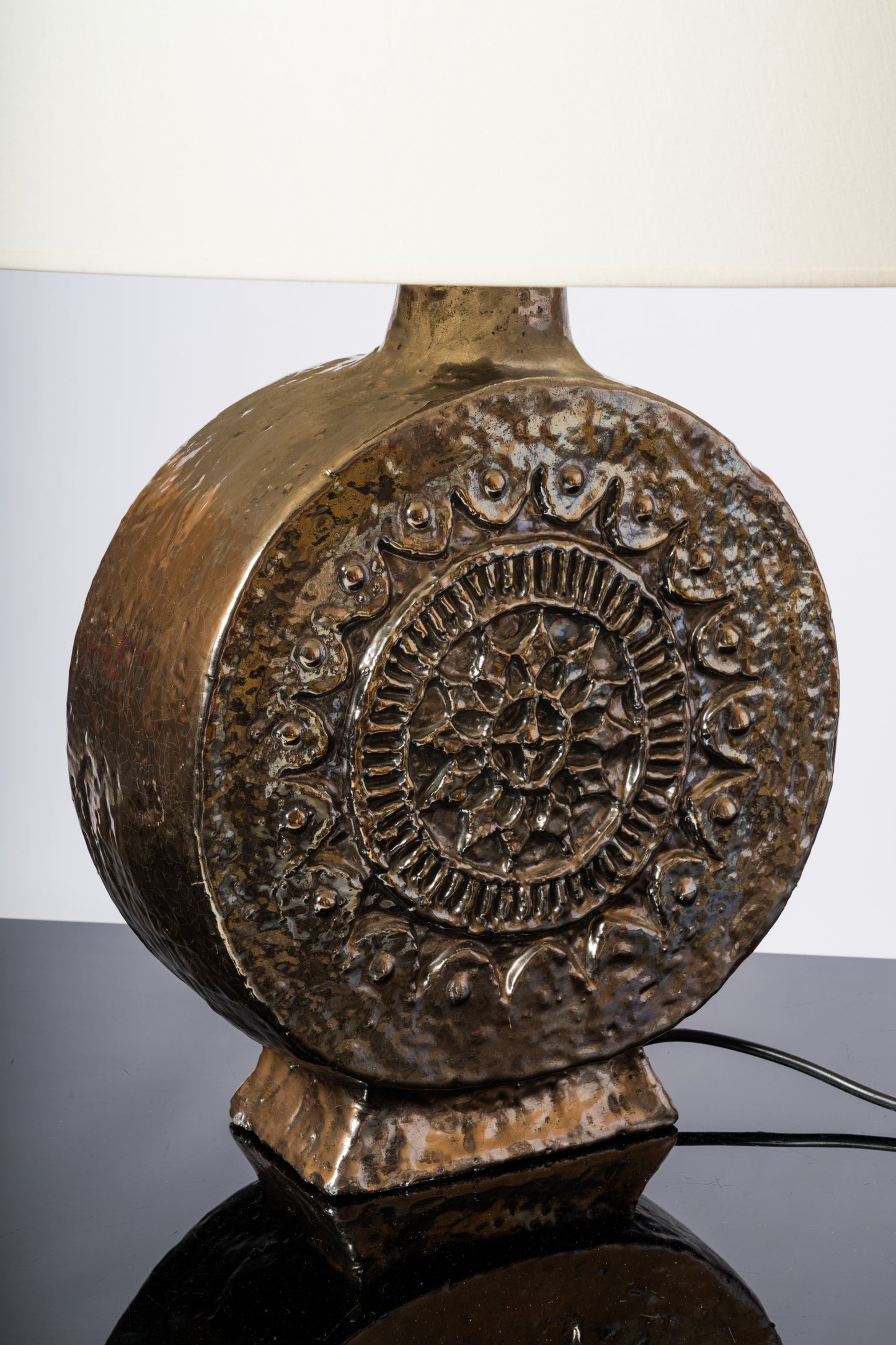 Glazed & Iridescent Ceramic Lamp with a Floral Pattern - France 1970's