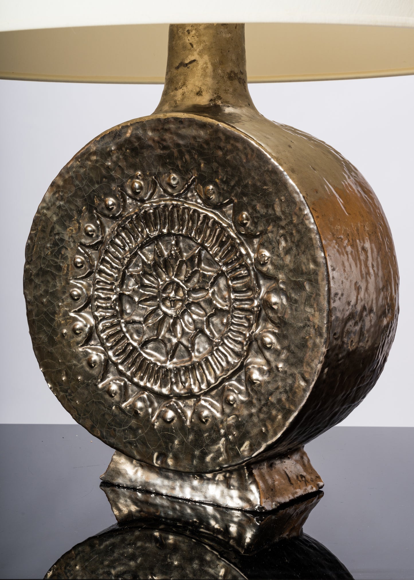 Glazed & Iridescent Ceramic Lamp with a Floral Pattern - France 1970's