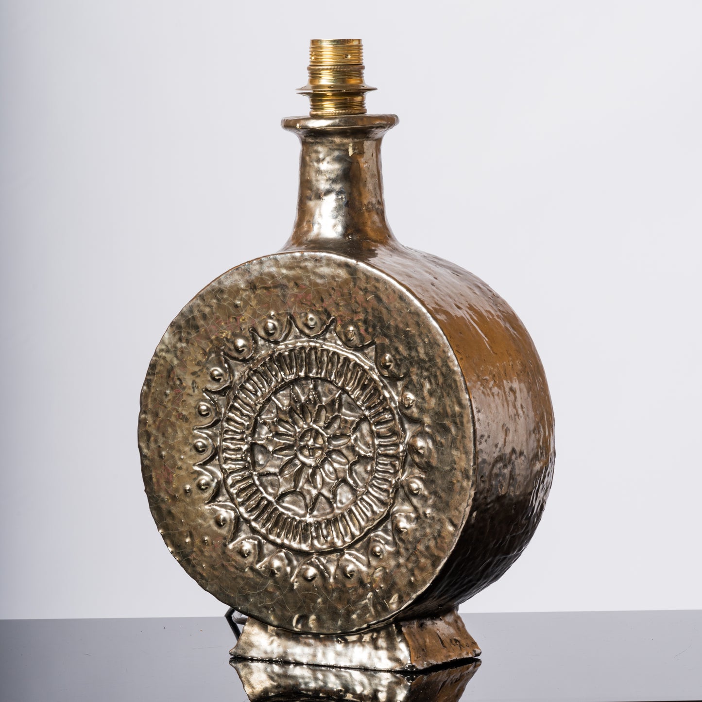 Glazed & Iridescent Ceramic Lamp with a Floral Pattern - France 1970's