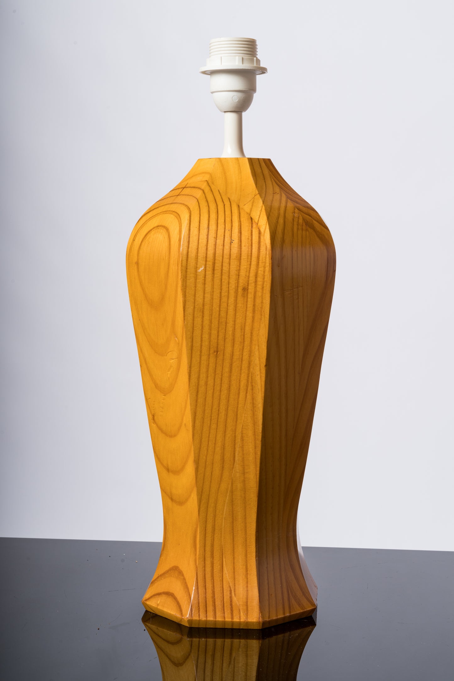 Tall Ogive Shaped Faceted Pine Wood Lamp - France 1980's