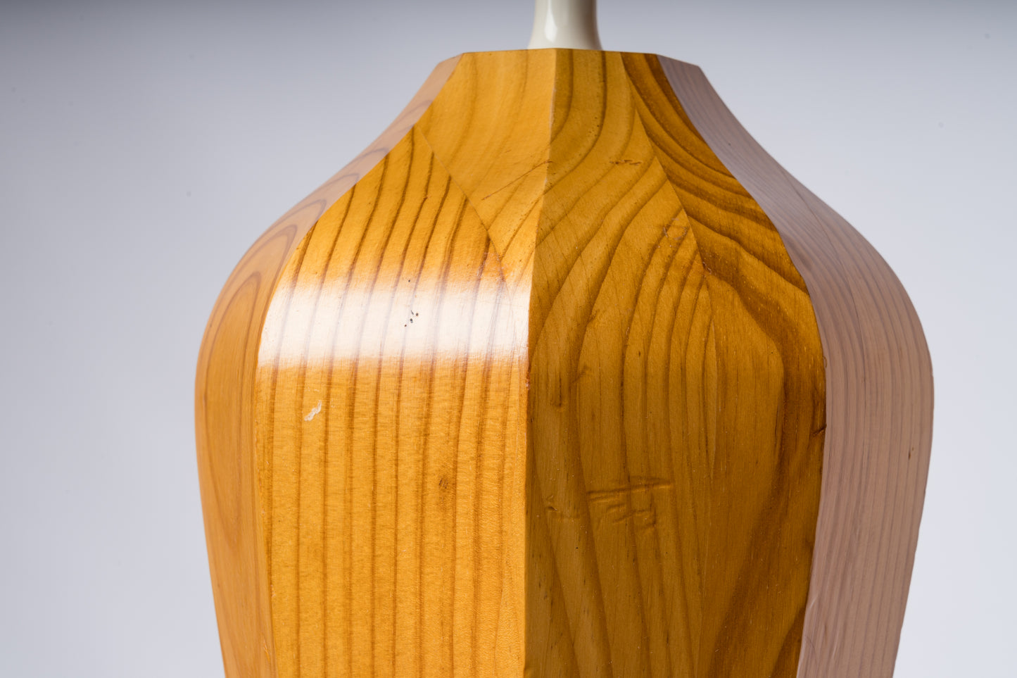 Tall Ogive Shaped Faceted Pine Wood Lamp - France 1980's