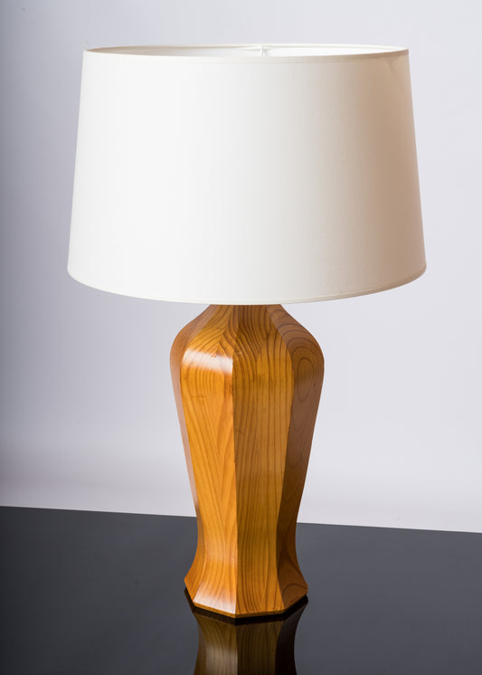 Tall Ogive Shaped Faceted Pine Wood Lamp - France 1980's