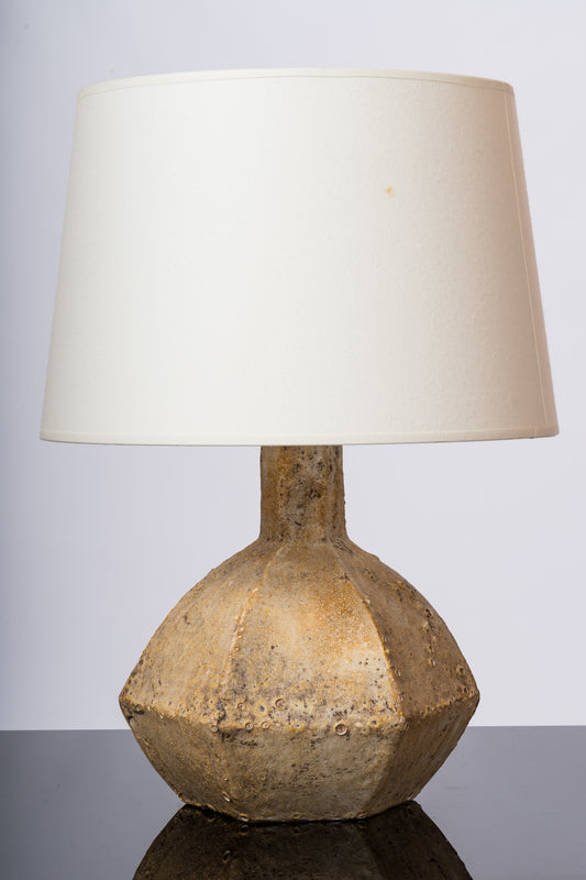 Pale Green Textured Glazed Earthware Faceted Table Lamp - France 1970's