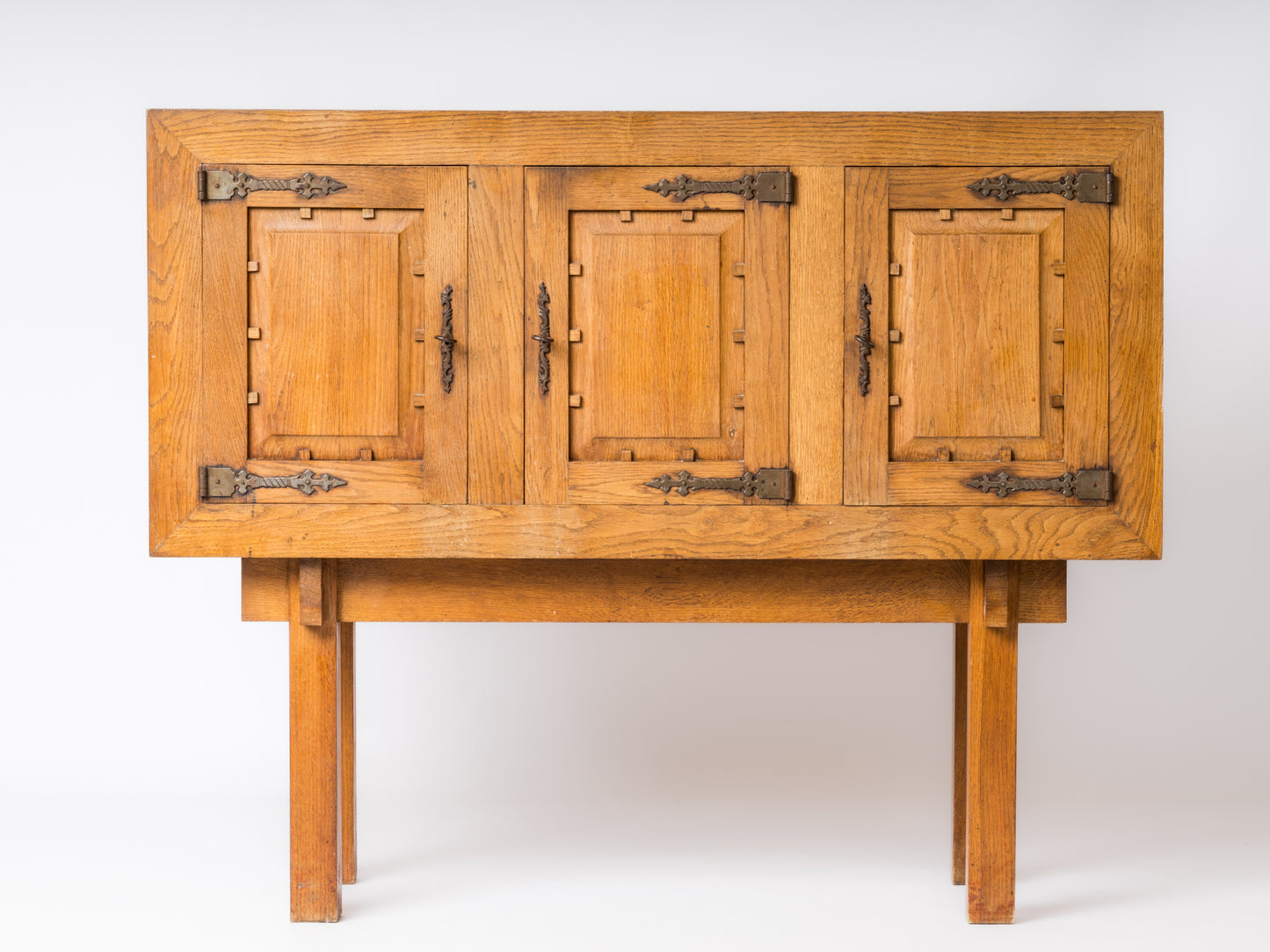 Brutalist Oak Highboy Credenza in the Style of Marolles - France 1950s