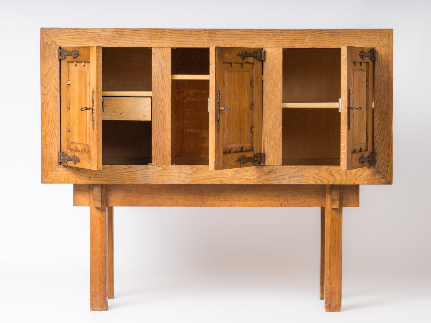 All Oak Brutalist Highboy Cabinet in the style of Marolles - France 1950's