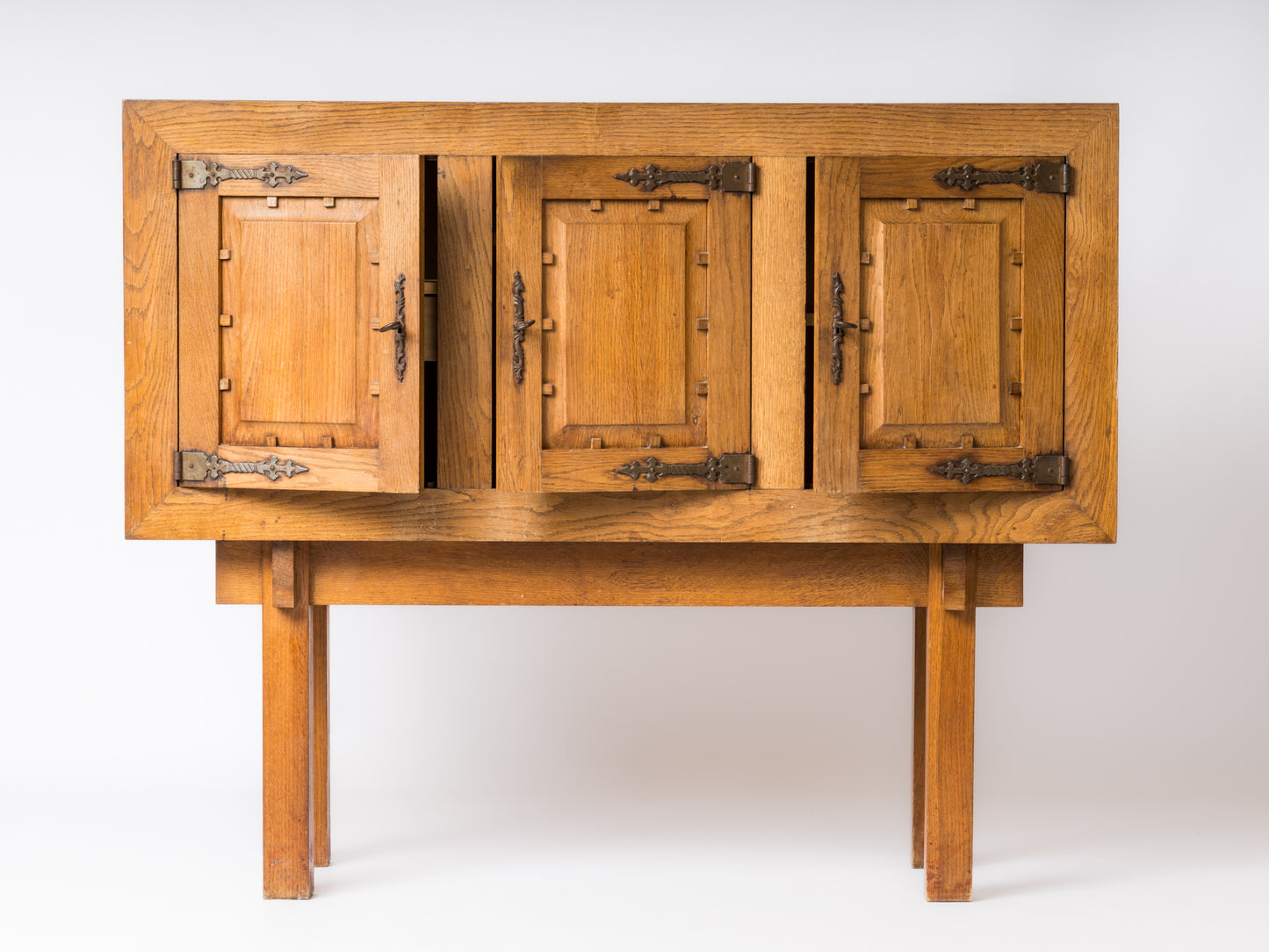 Brutalist Oak Highboy Credenza in the Style of Marolles - France 1950s