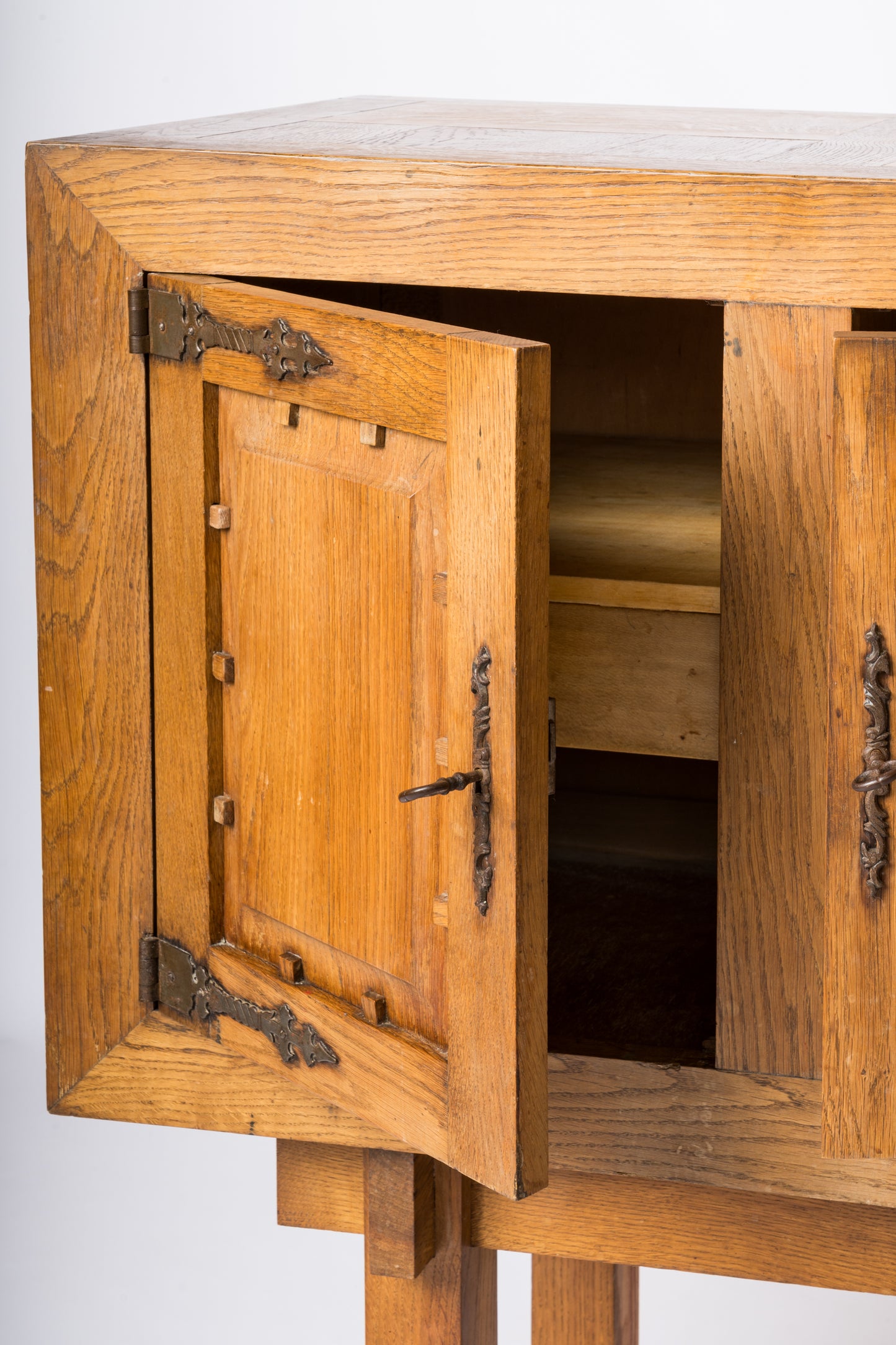 Brutalist Oak Highboy Credenza in the Style of Marolles - France 1950s