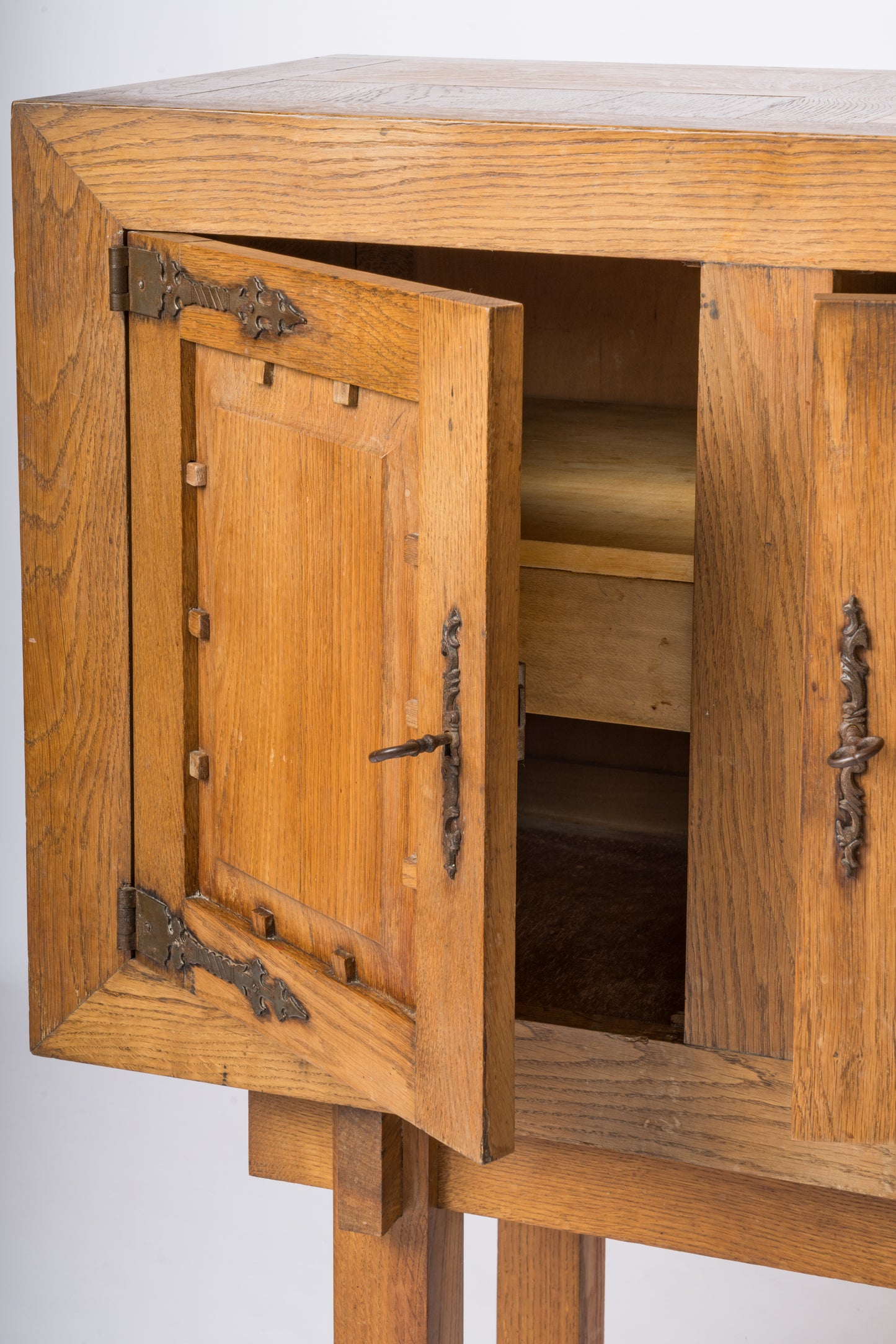 Brutalist Oak Highboy Credenza in the Style of Marolles - France 1950s