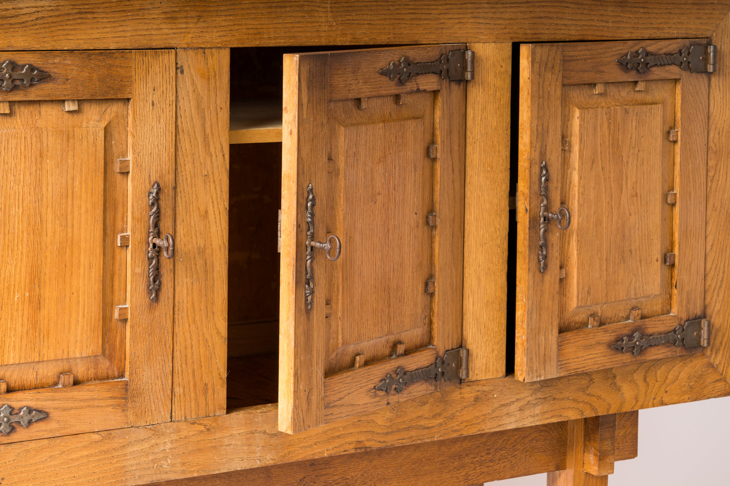 Brutalist Oak Highboy Credenza in the Style of Marolles - France 1950s