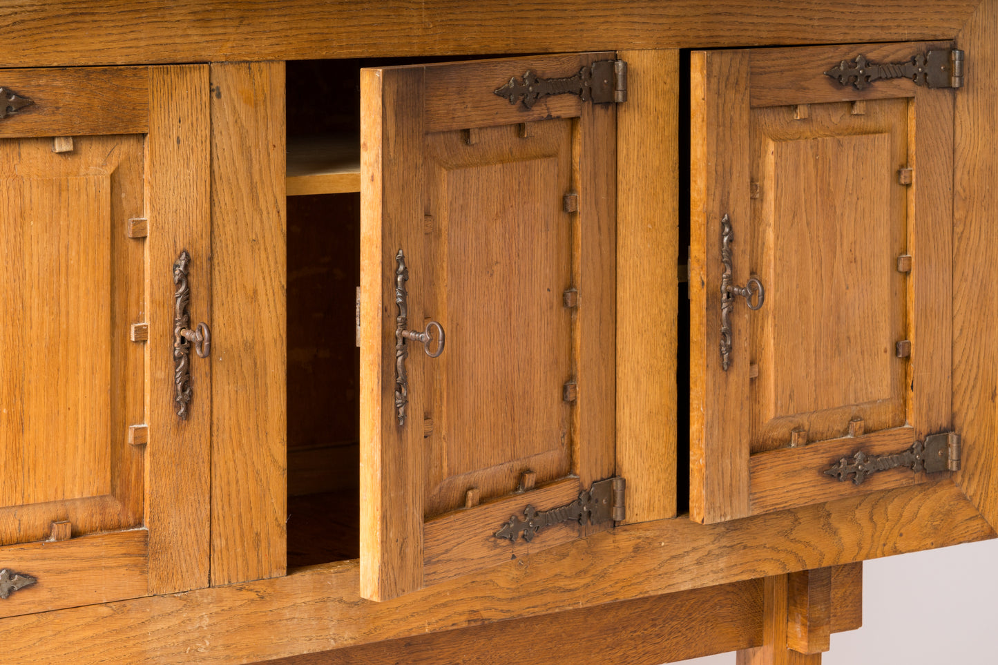 Brutalist Oak Highboy Credenza in the Style of Marolles - France 1950s