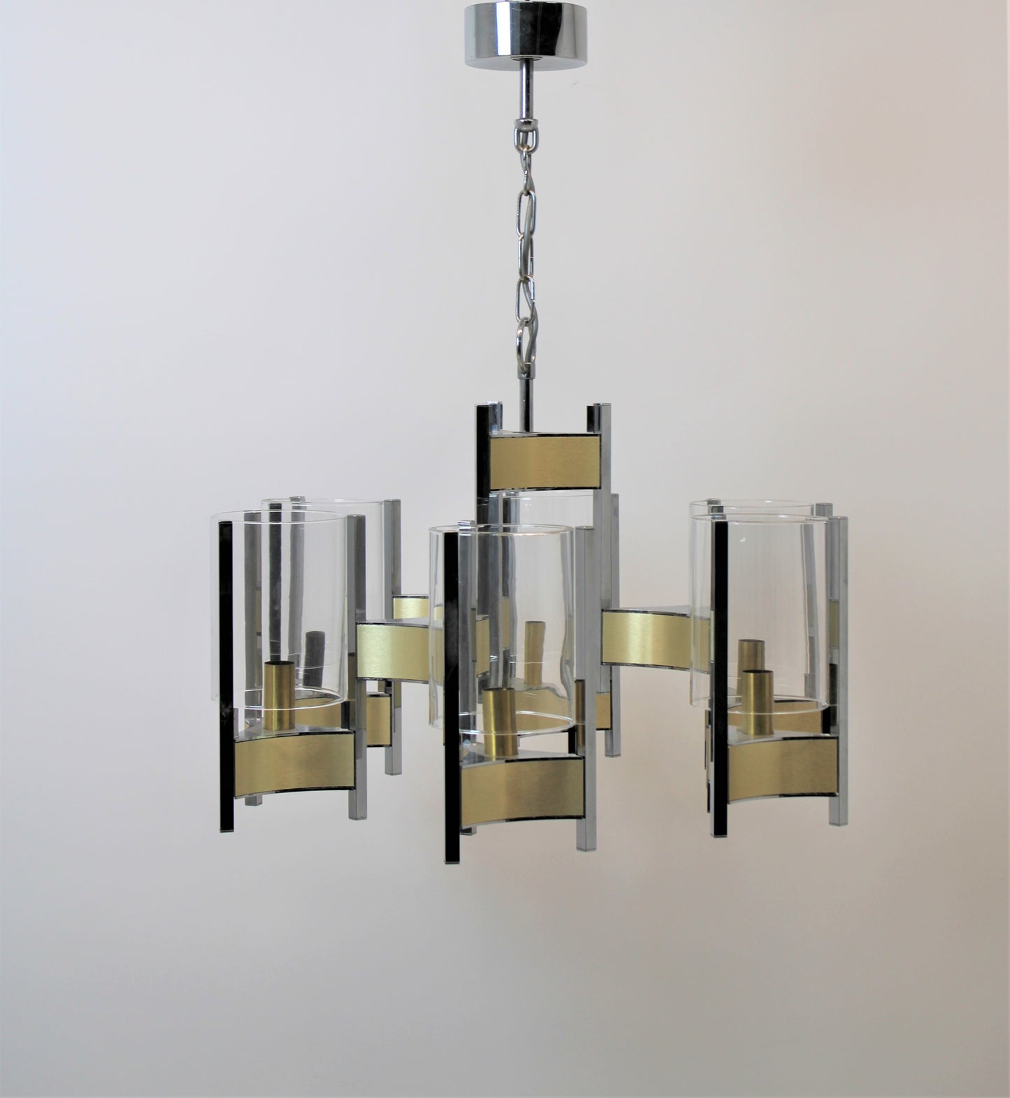 Gaetano Sciolari Six-Light Glass Hurricane Chandelier, Italy, 1970s