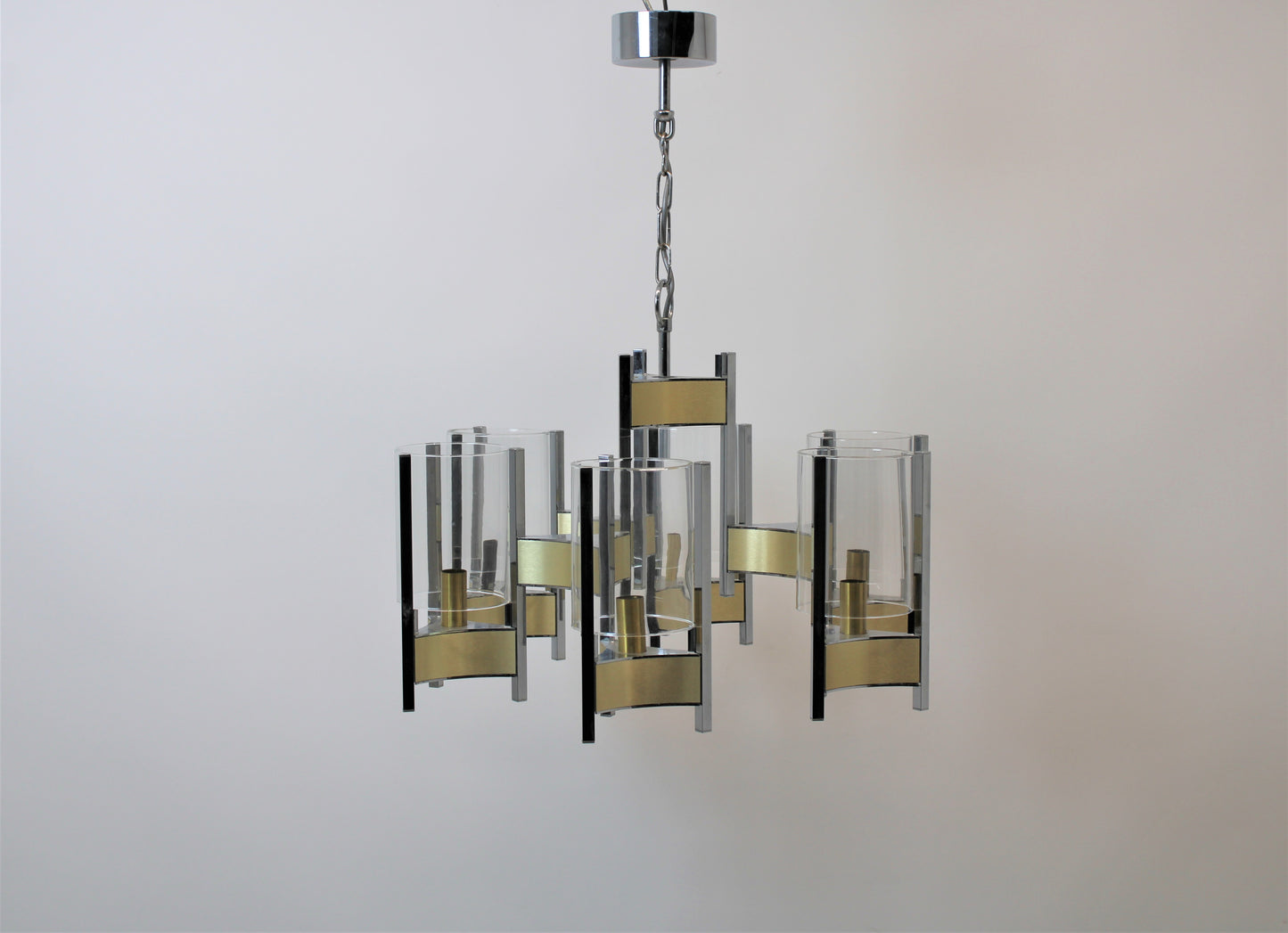 Gaetano Sciolari Six-Light Glass Hurricane Chandelier, Italy, 1970s